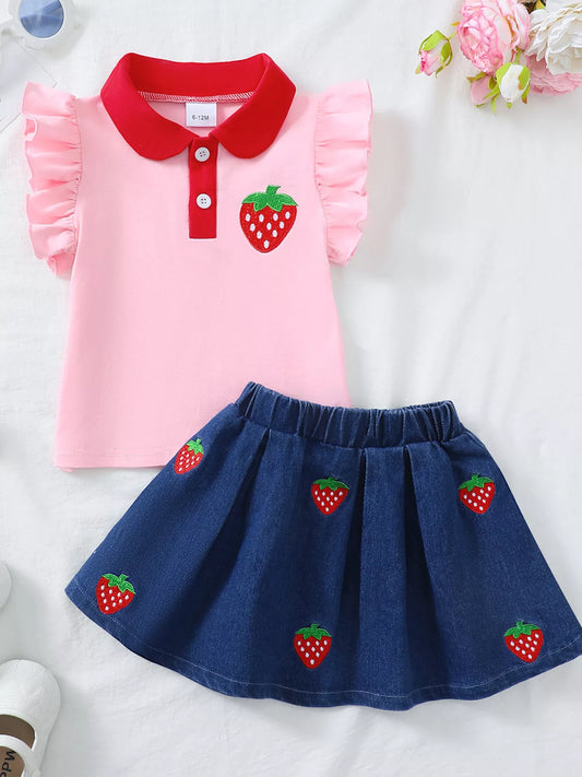 Children's Strawberry Embroidered Polo & Denim Skirt Set