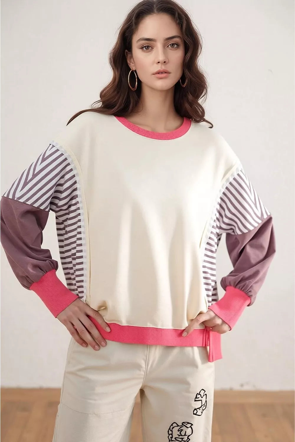 Color-Block Striped Crew Neck Sweatshirt