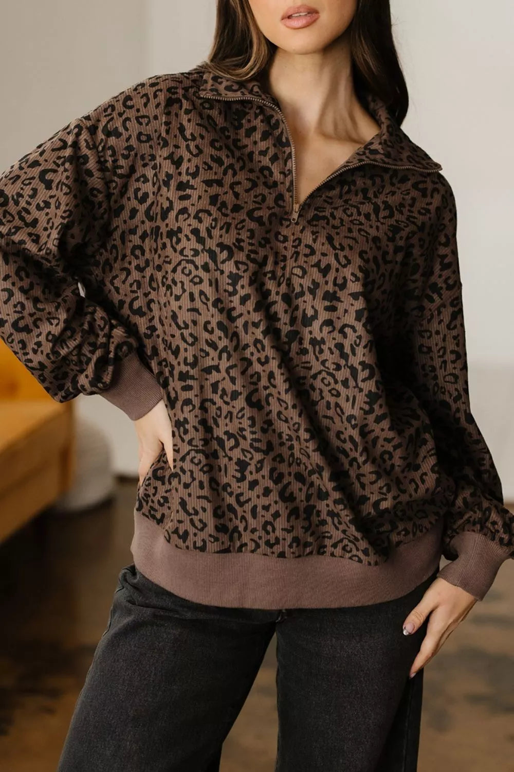 Leopard Print Quarter-Zip Sweatshirt