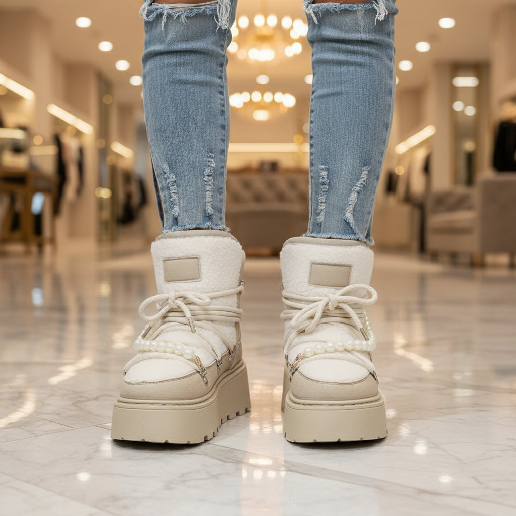 Platform Snow Boots | Faux Shearling Lace-Up Winter Boots with Pearl Chain