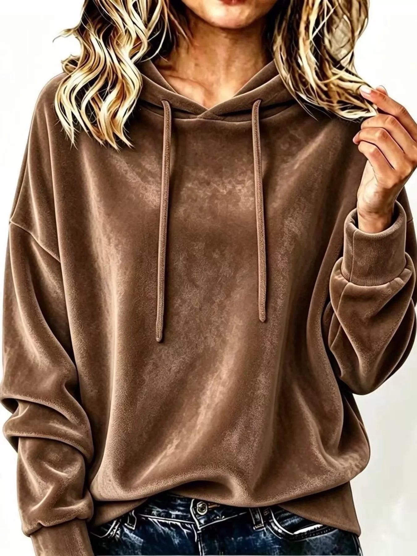 Full Size Drawstring Velvet Long Sleeve Hoodie Plus Size