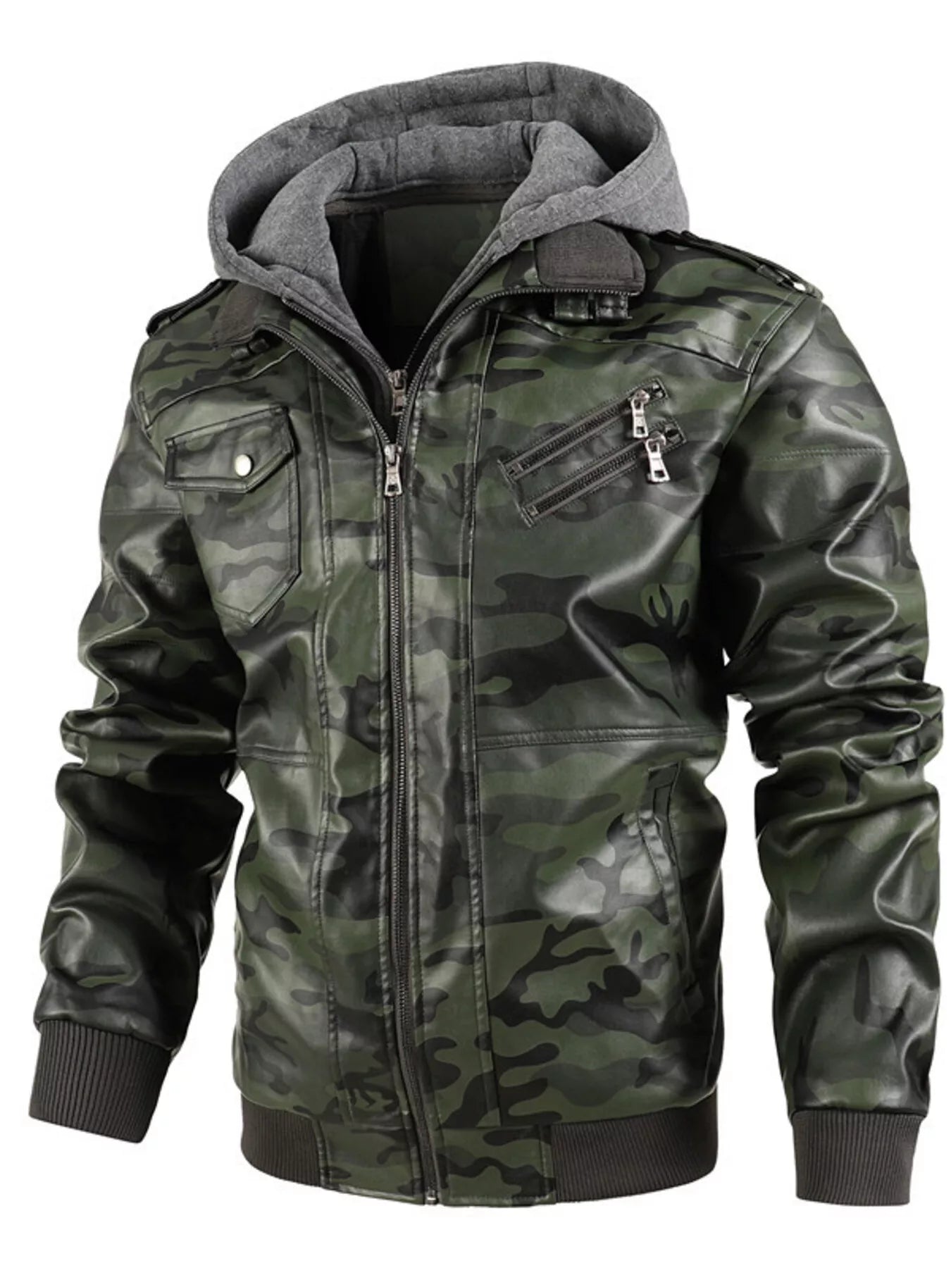 Men's Full Size Hooded Faux Leather Moto Jacket Plus Size