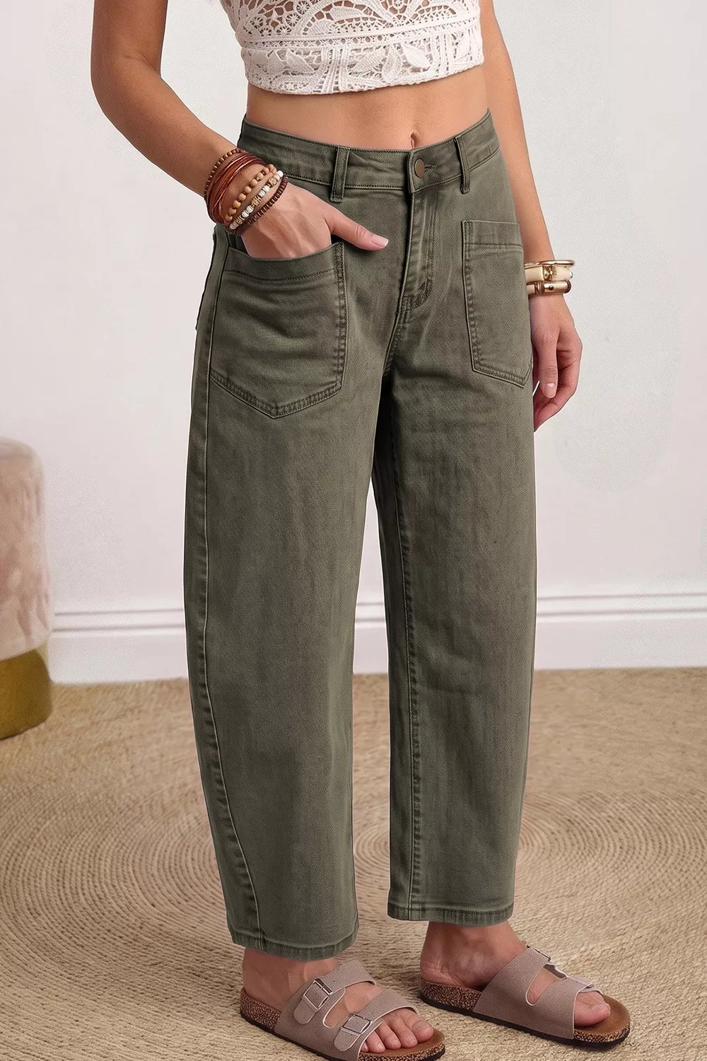 Four Leaf Clover Solid Color Square Patch Pocket Ankle-length Barrel Jeans