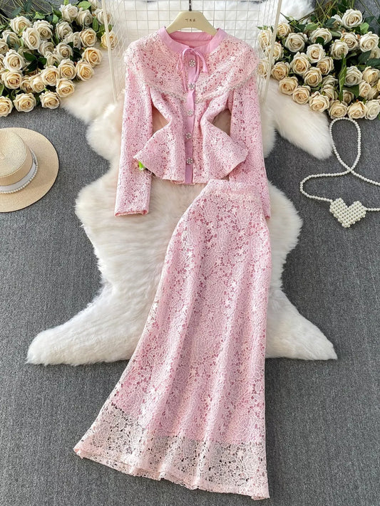 Lace Button Up Top and Skirt Set
