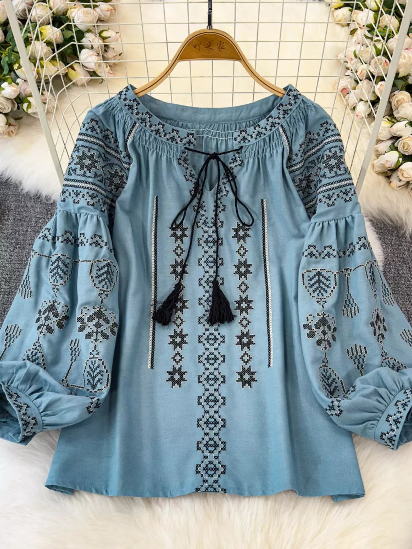 Bohemian Embroidered Blouse with Tassel Tie