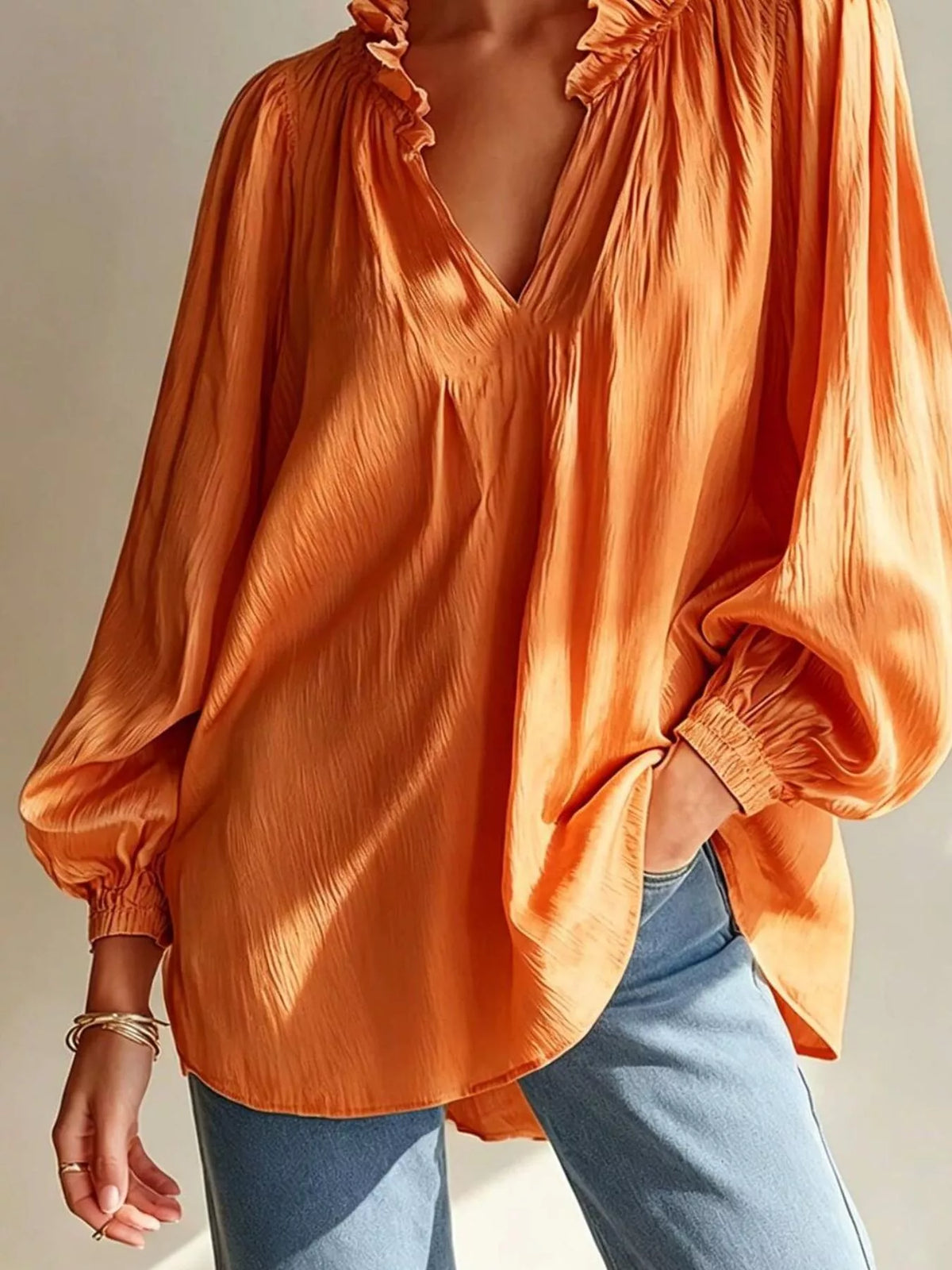 Ruffle Trim Long Sleeves Blouse