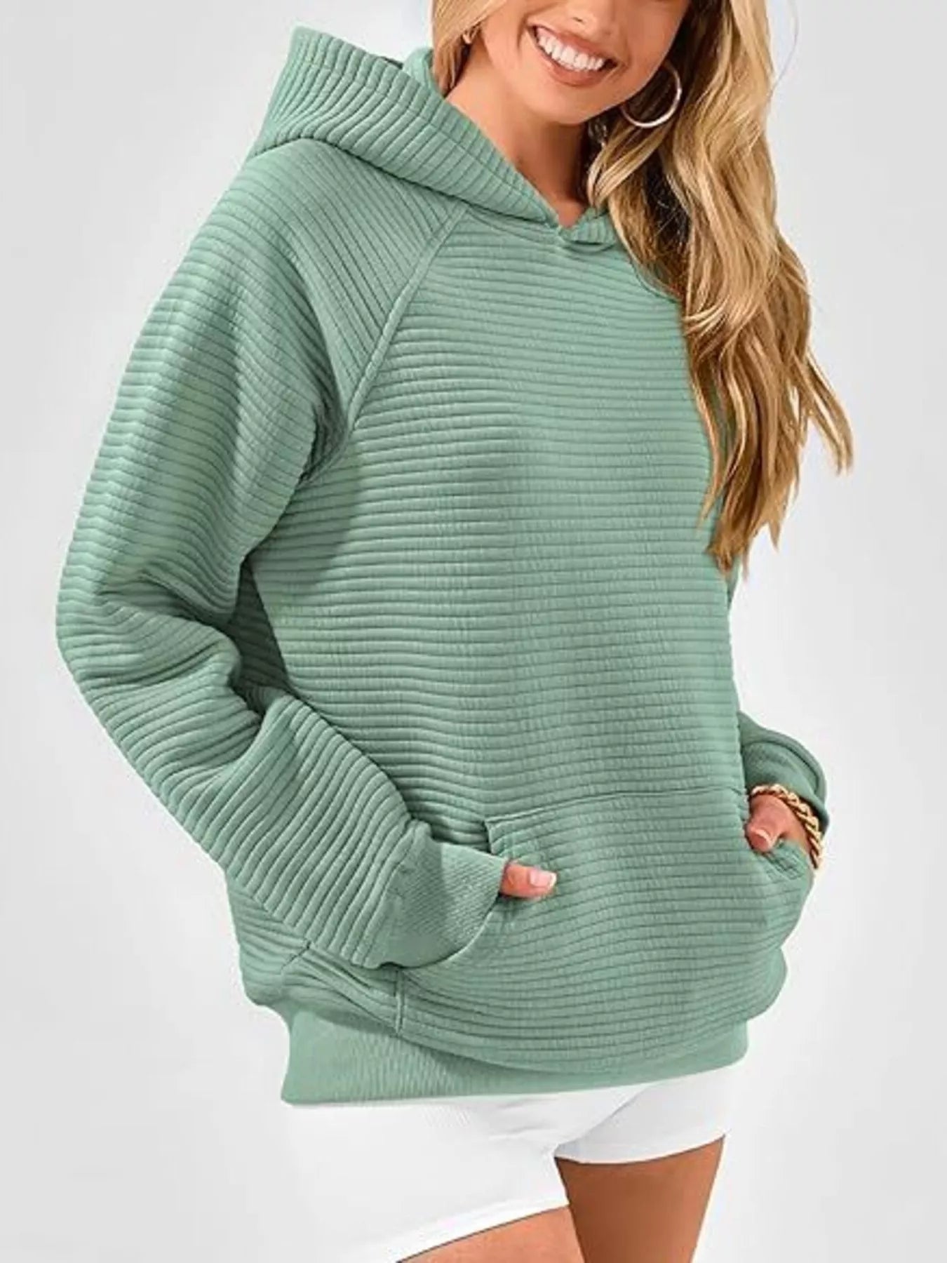 Texture Kangaroo Pocket Raglan Sleeve Hoodie