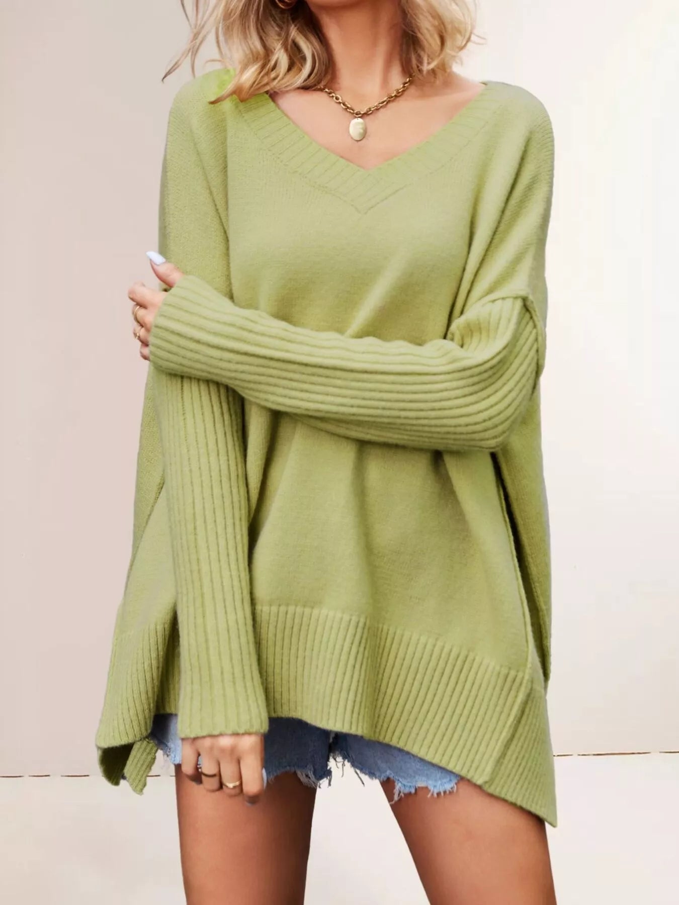 V-Neck Ribbed Sleeve Sweater