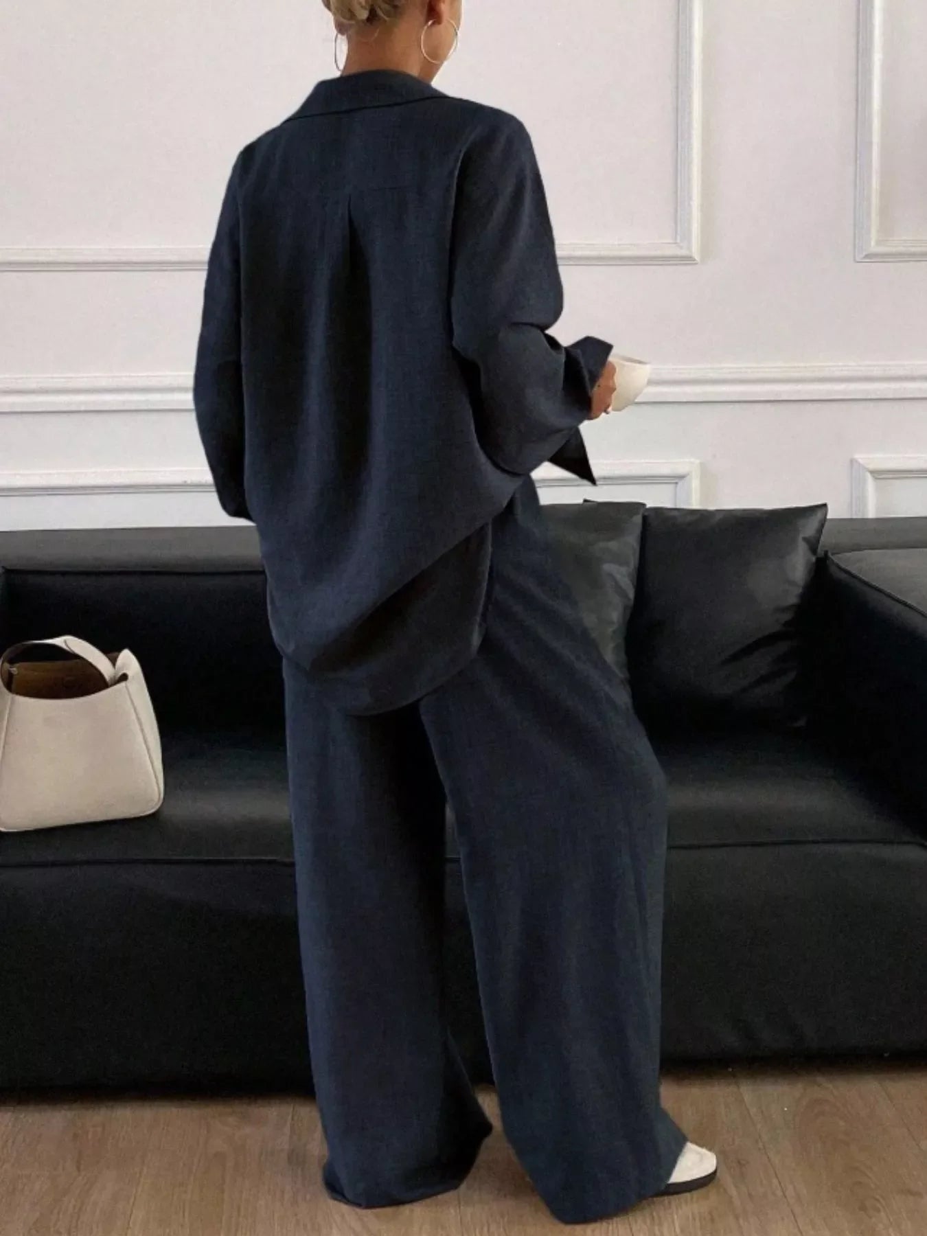 Button-Down Shirt and Wide-Leg Pants Set