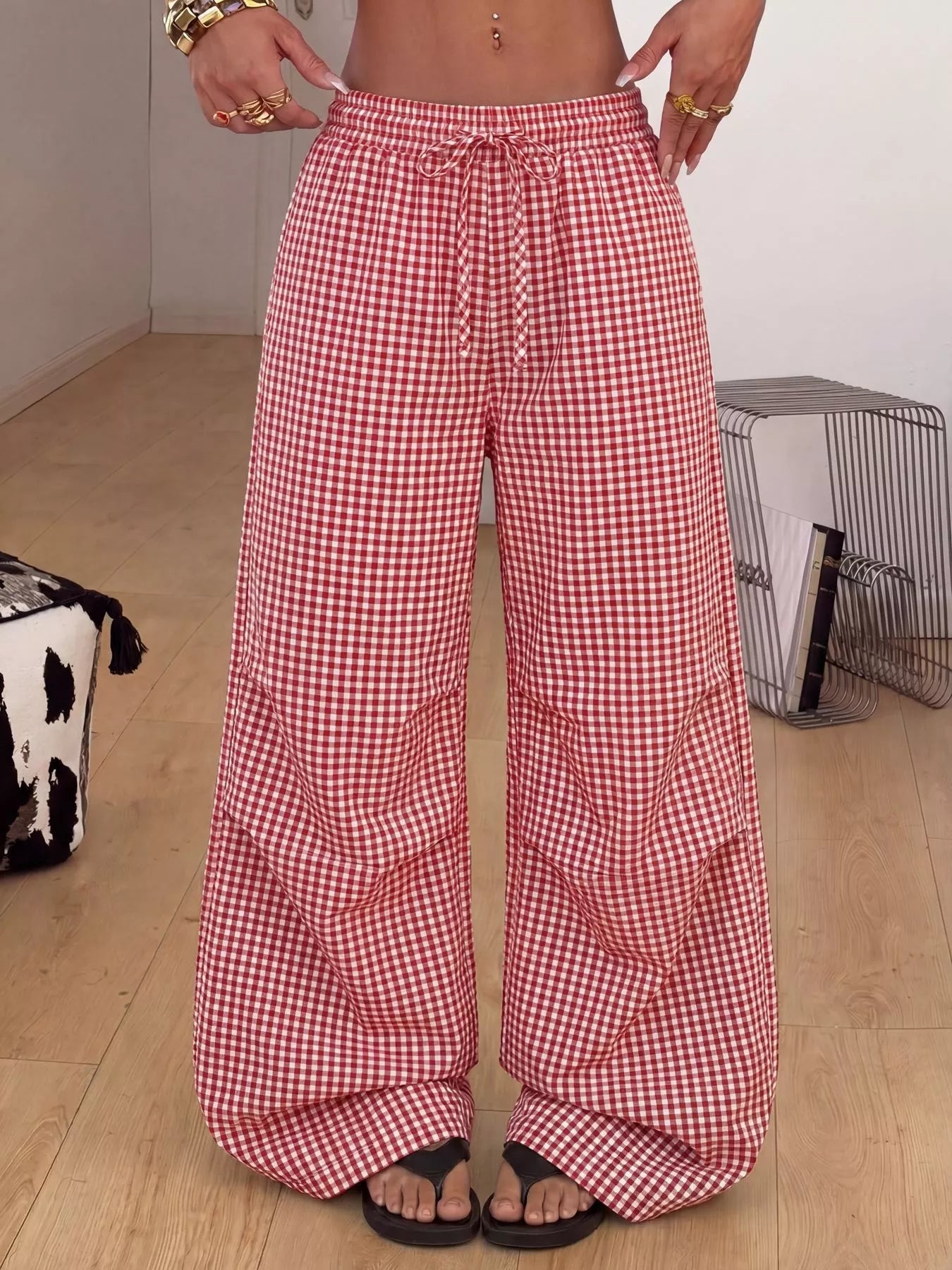 High-Waisted Gingham Wide-Leg Drawstring Pants