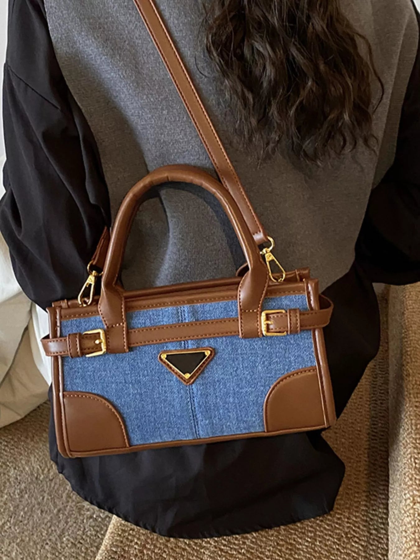 Denim Patchwork Buckle Decor Crossbody Bag