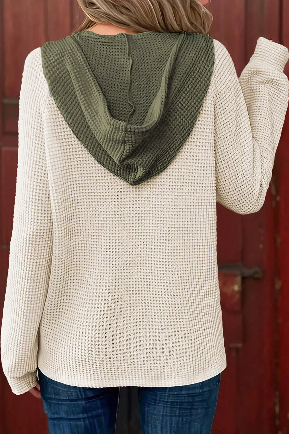 Drawstring Waffle Knit Henley Hoodie