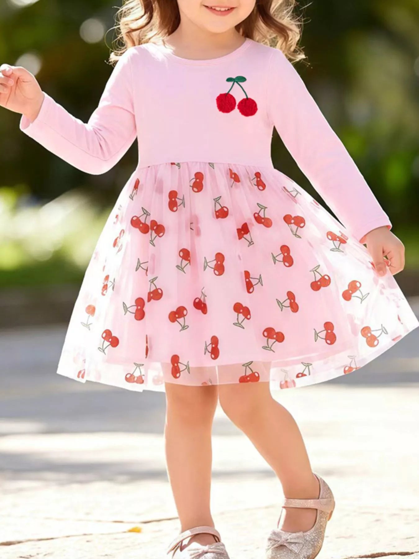 Children's Sweet Cherry Print Tulle Dress with Long Sleeves