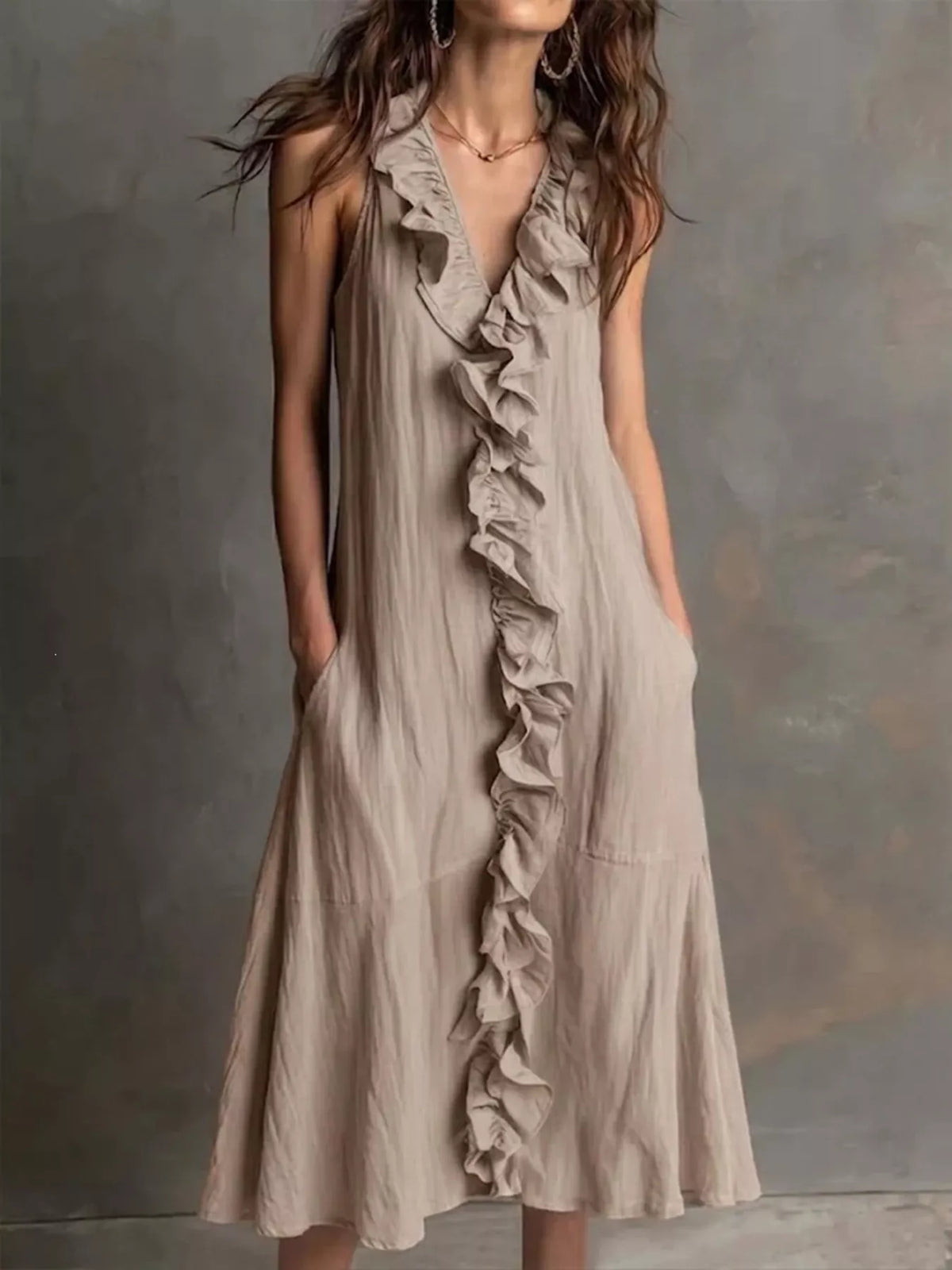 Sleeveless Ruffle Trim V-Neck Midi Dress