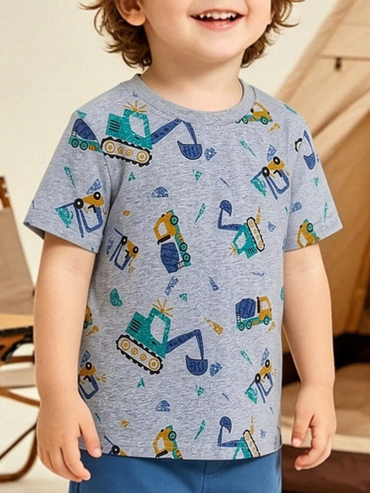 Children's Excavator Print Round Neck T-Shirt