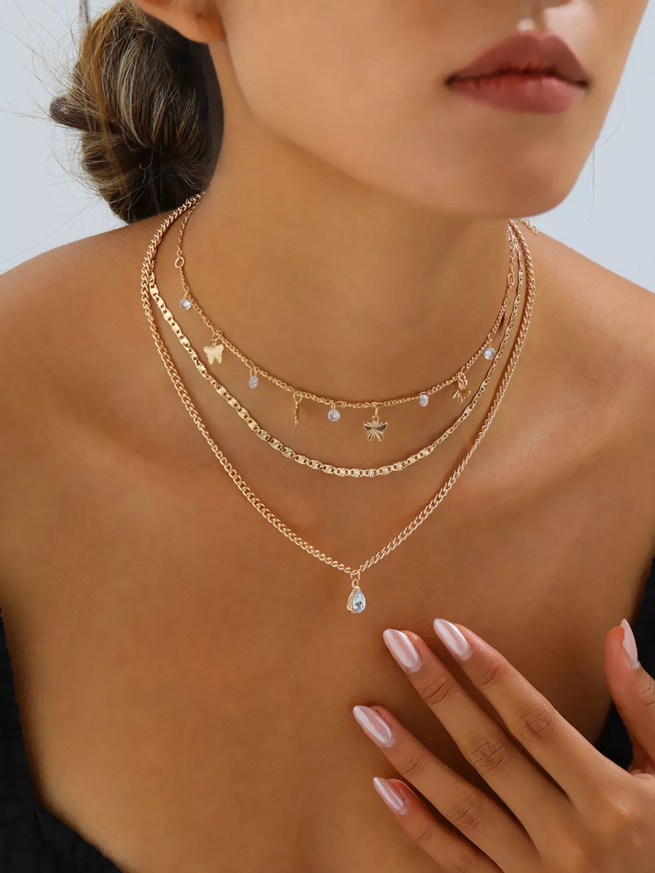Layered Alloy Necklace with Butterfly and Zircon Charms