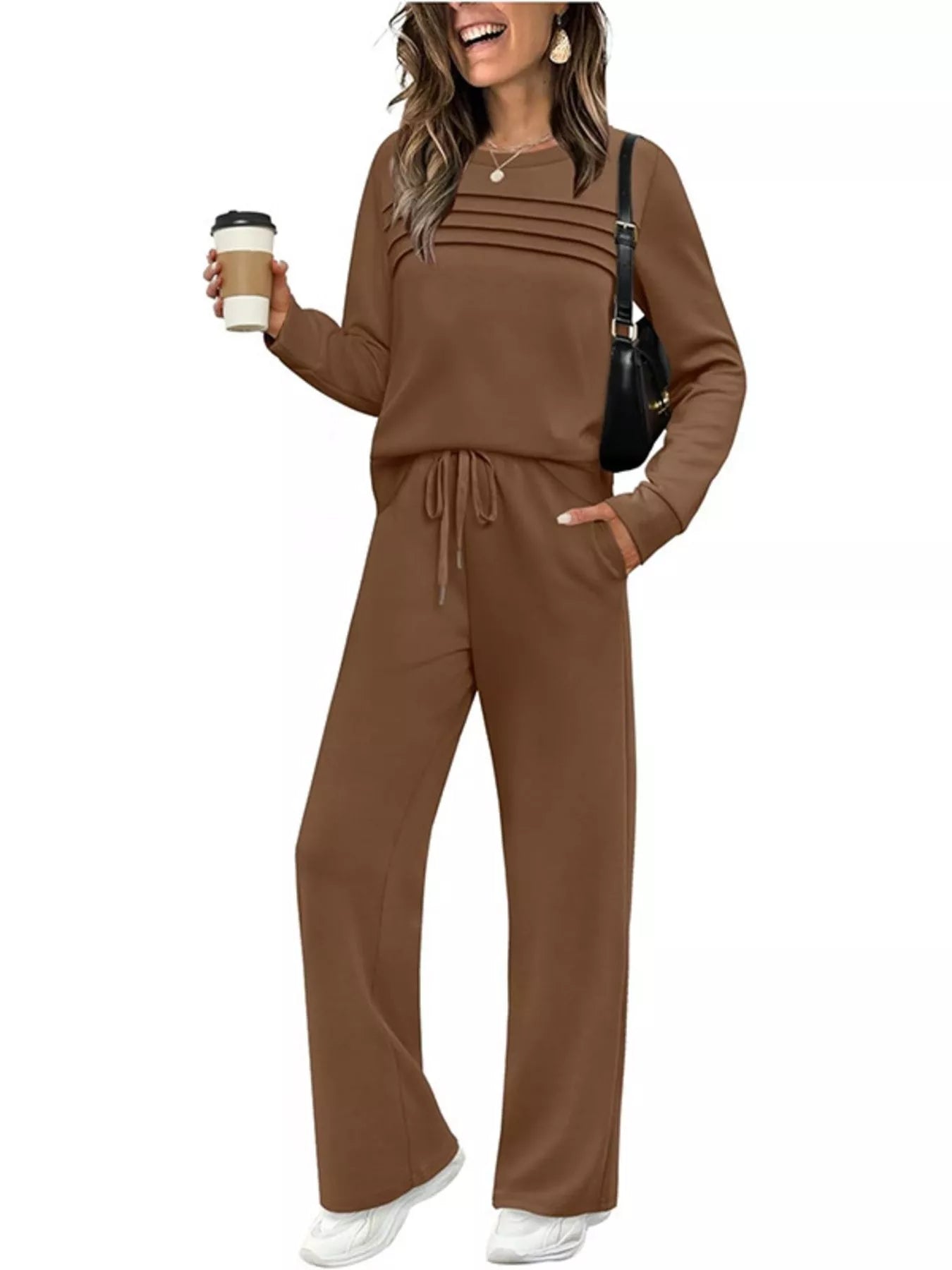 Full Size Casual Long Sleeve Crewneck Top and Drawstring Pants Set Plus Size