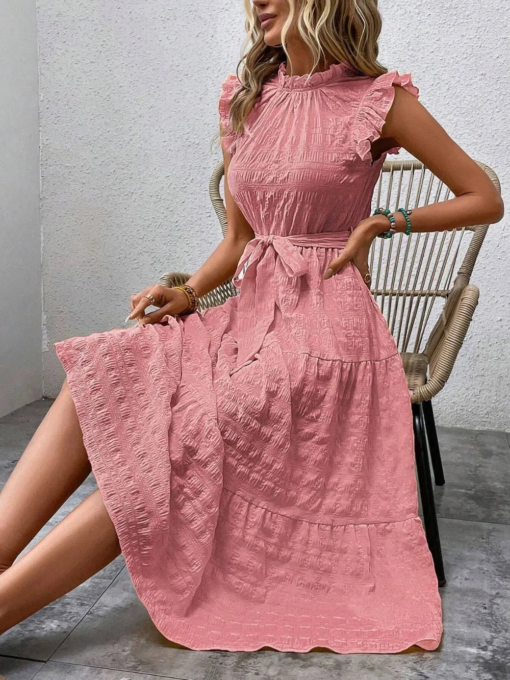 Tied Ruffled Cap Sleeve Midi Dress – Feminine Flowy Style