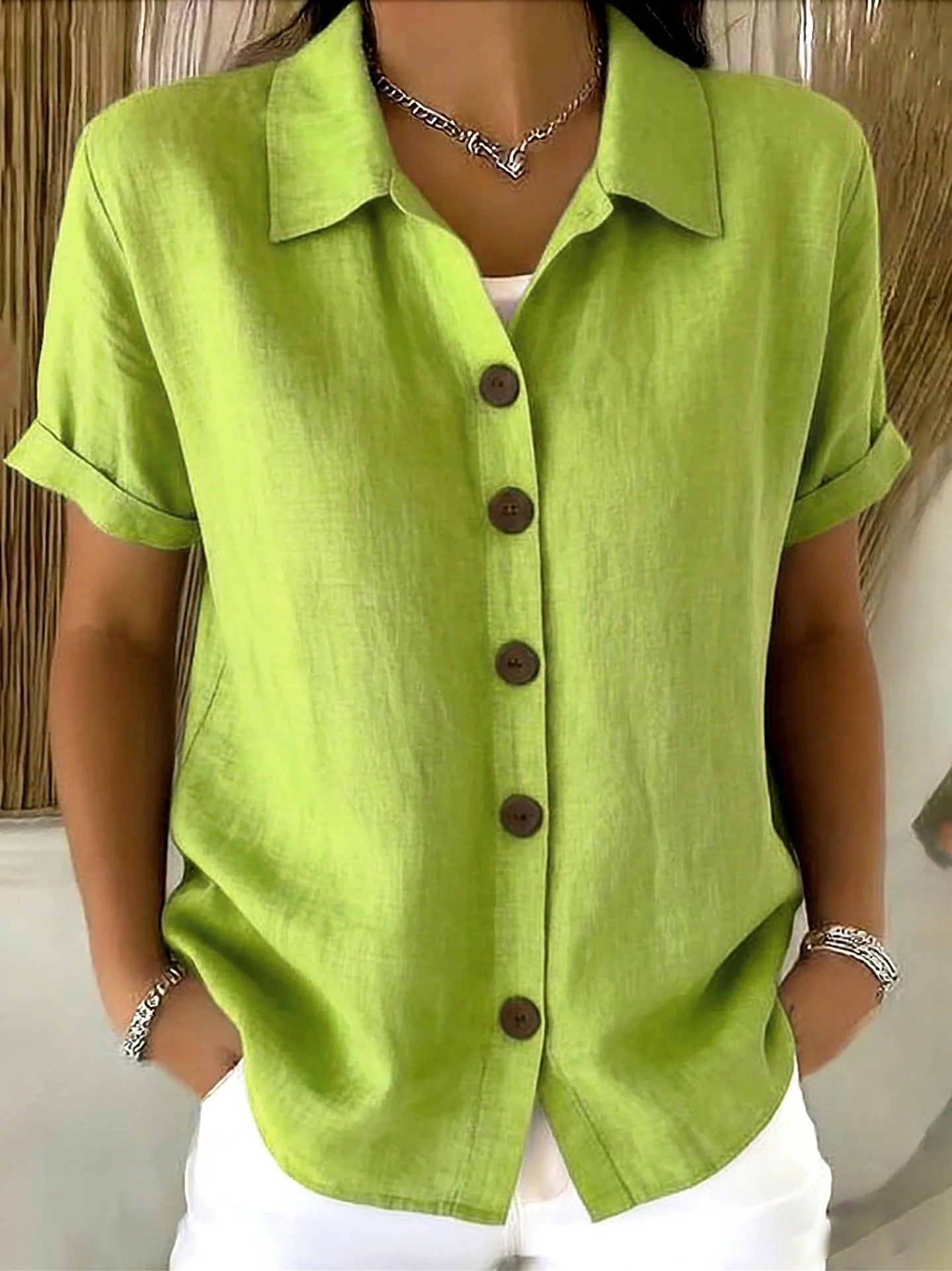 Shirt Collar Short Sleeve Button Top – Loose Fit Cotton-Linen Casual