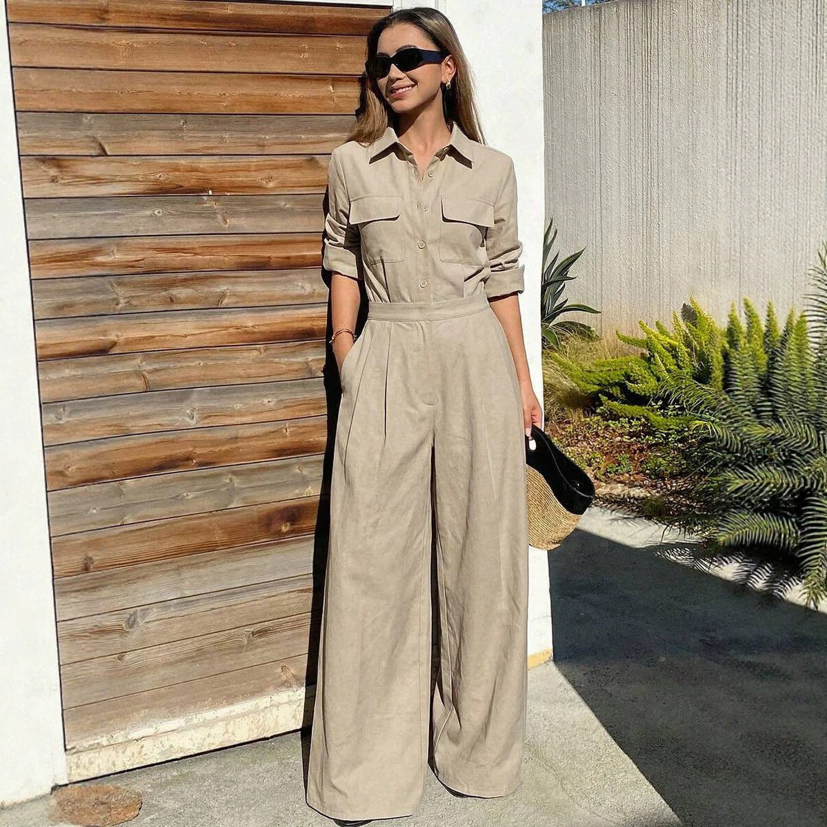 Women's Collar Long Sleeve Jumpsuit – Loose Fit Full Length