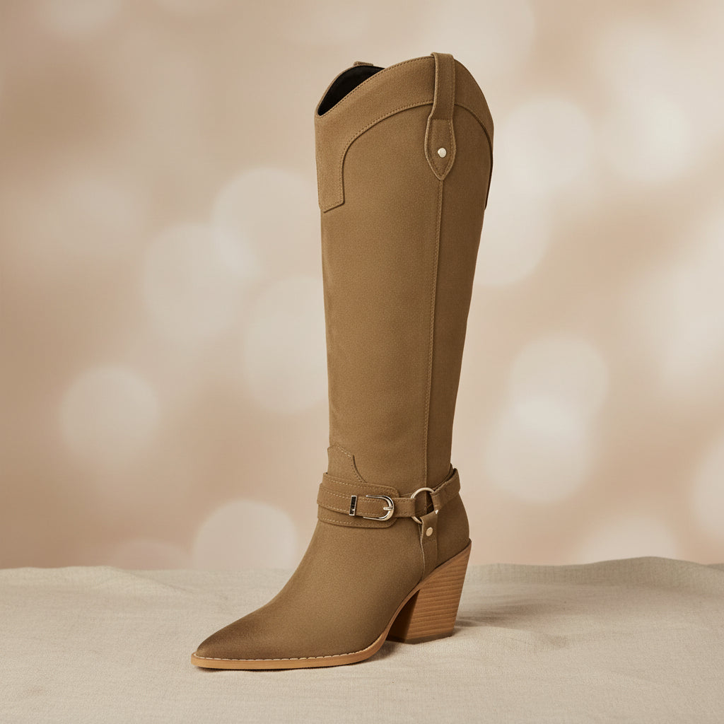 Women's Western Knee-High Boots | Pointed Toe Chunky Heel & Harness Buckle