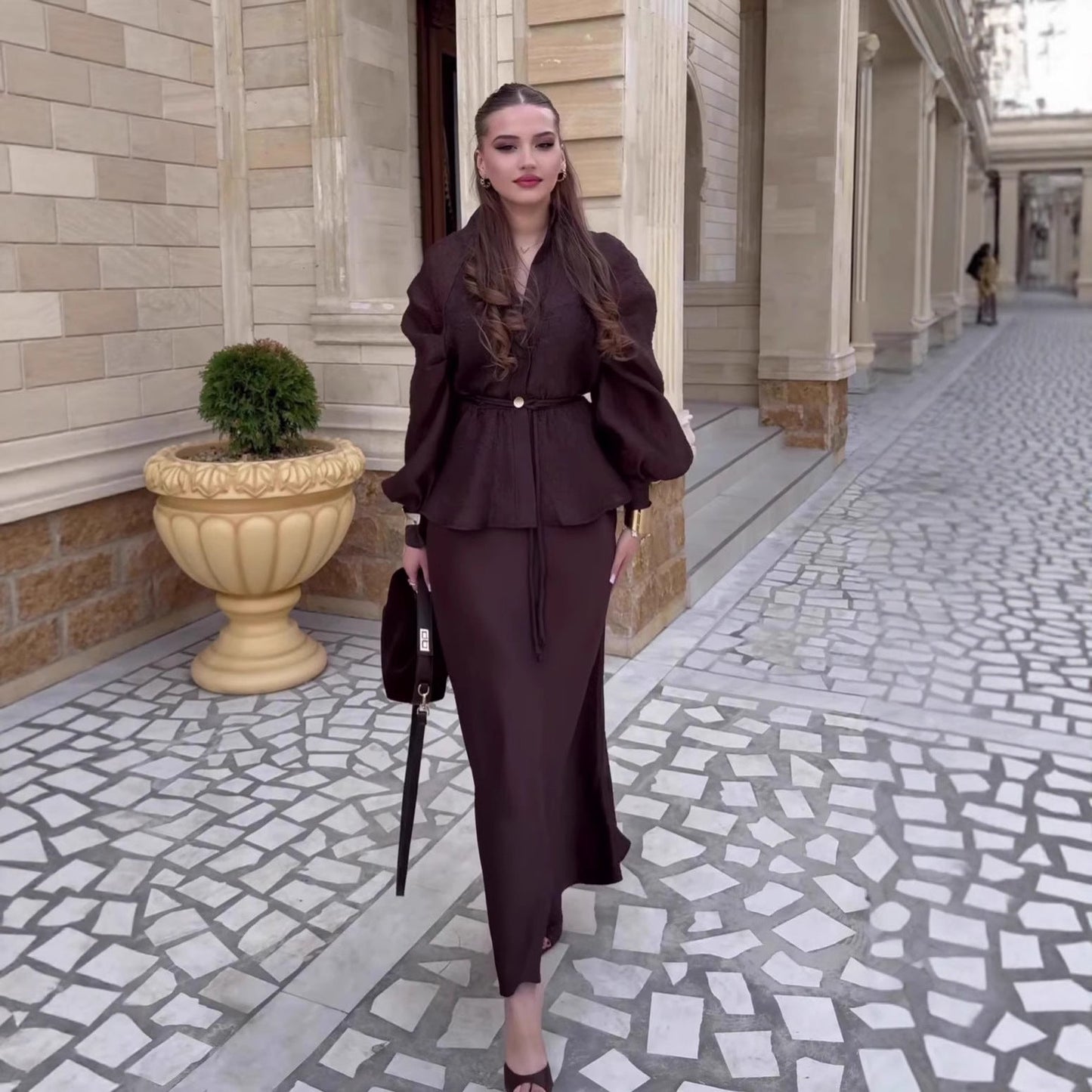 Women's V-Neck Puff Sleeve Belted Peplum Top & Maxi Skirt Set