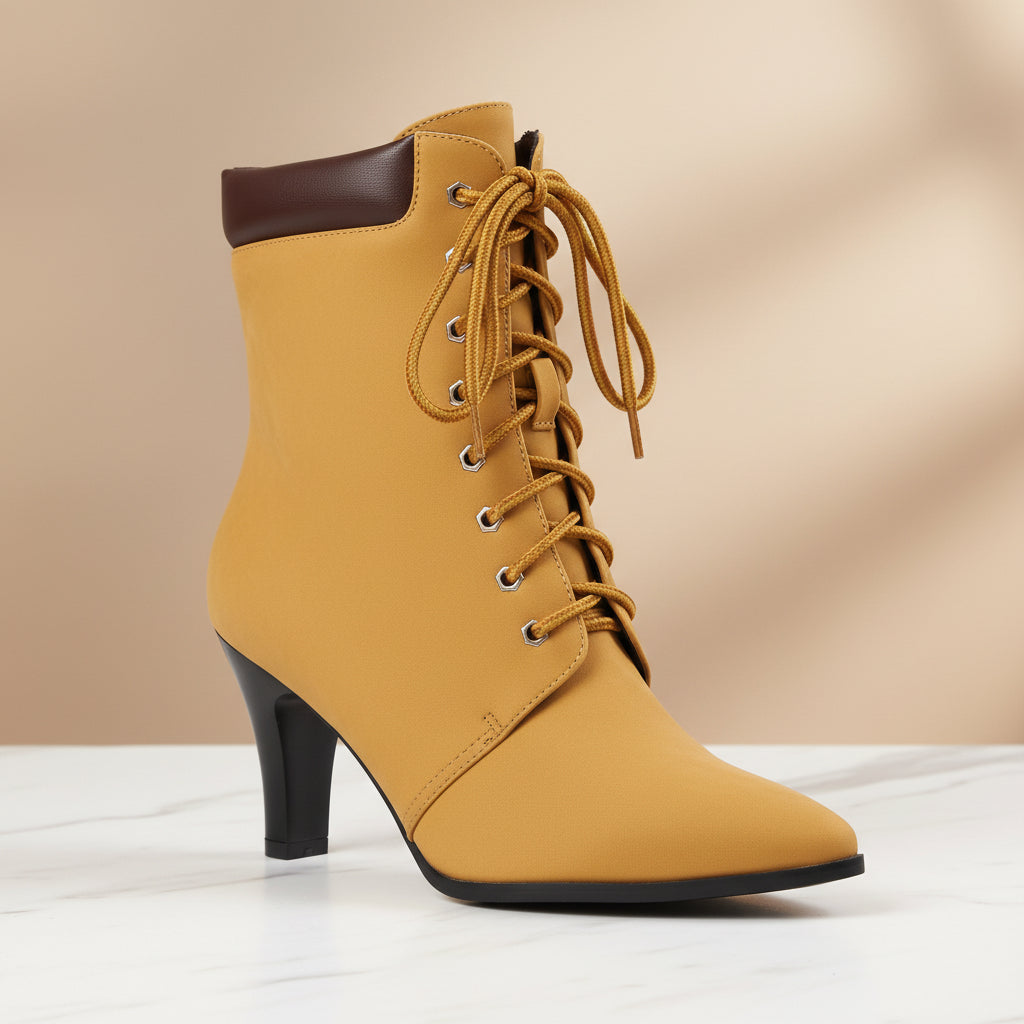 Women's Pointed Toe Lace-Up Ankle Boots with High Chunky Heel