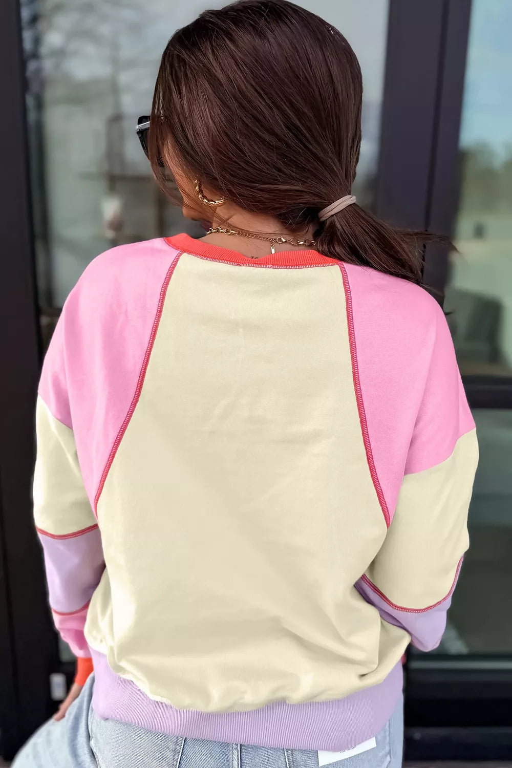 Multicolour Exposed Seam Colorblock Patchwork Long Sleeve Top