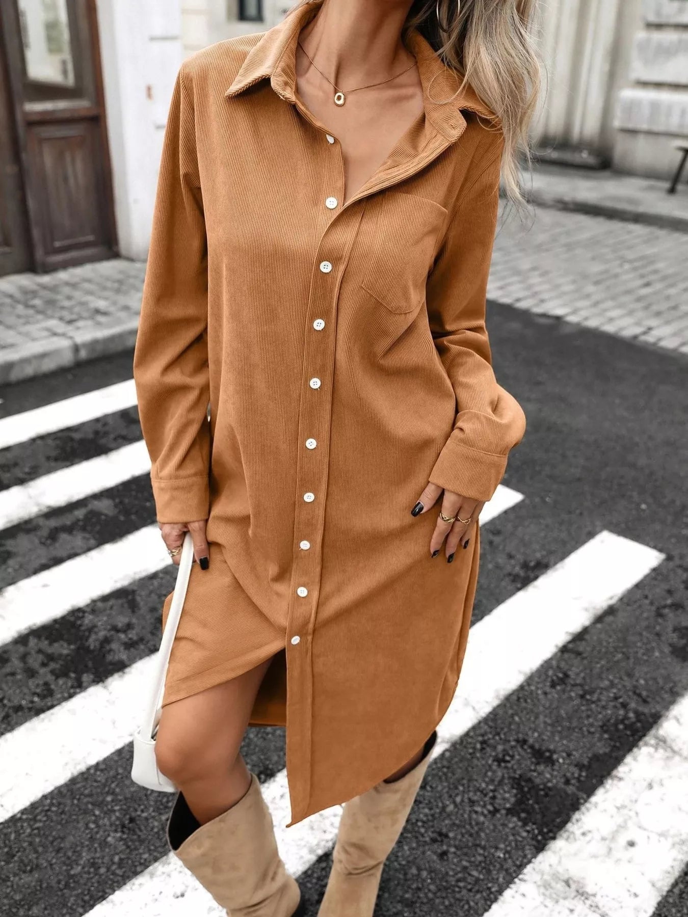 Corduroy Shirt Dress with Button-Down Front