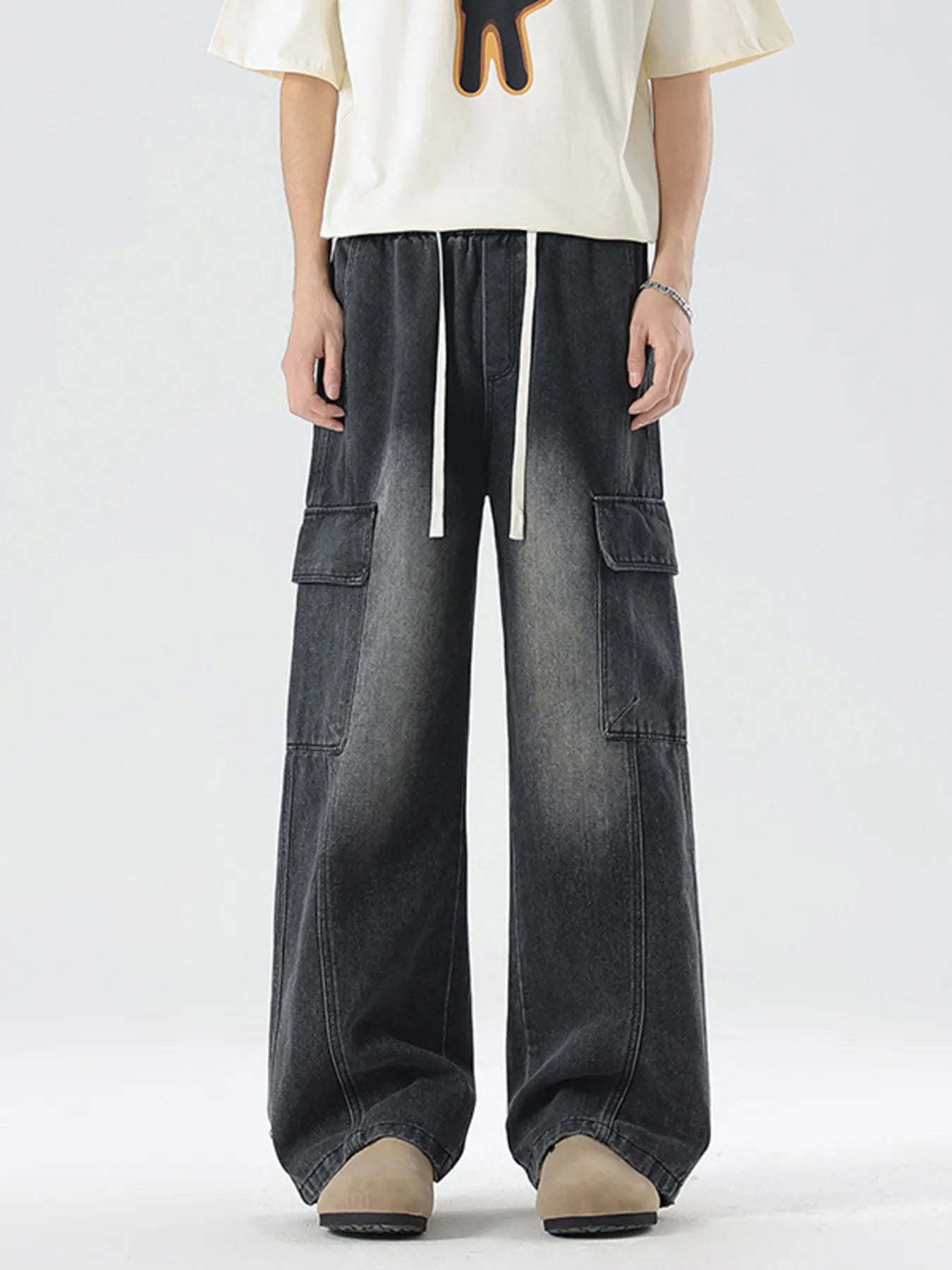Men's Plus Size Wash Wide Leg Cargo Jeans