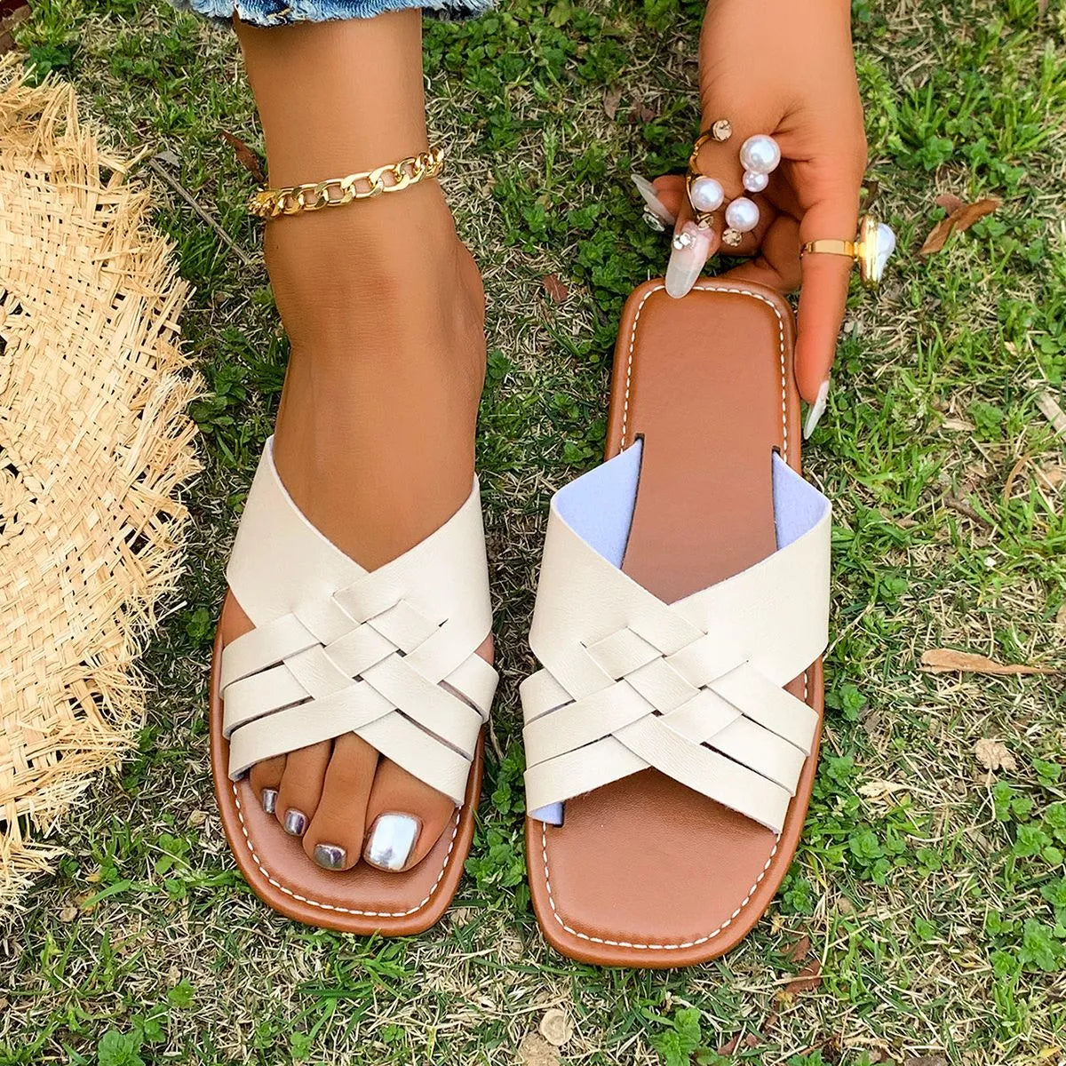 Woven Open Toe Flat Sandals