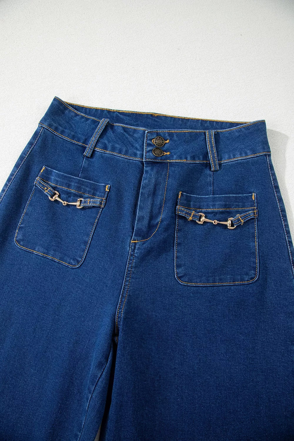 Hardware Decor Patched Pockets Wide Leg Jeans