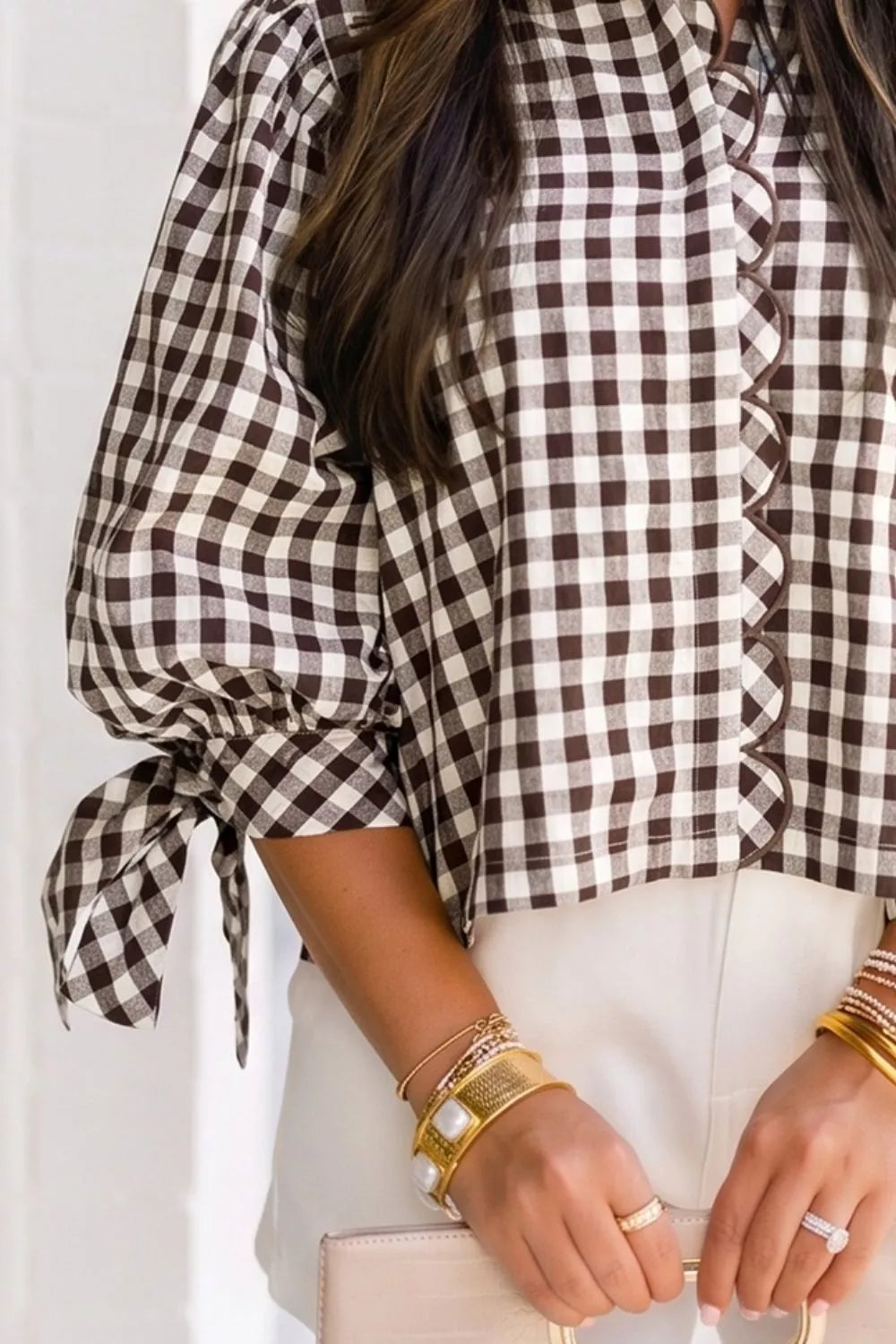 Gingham Scalloped Trim Tie Sleeve Shirt
