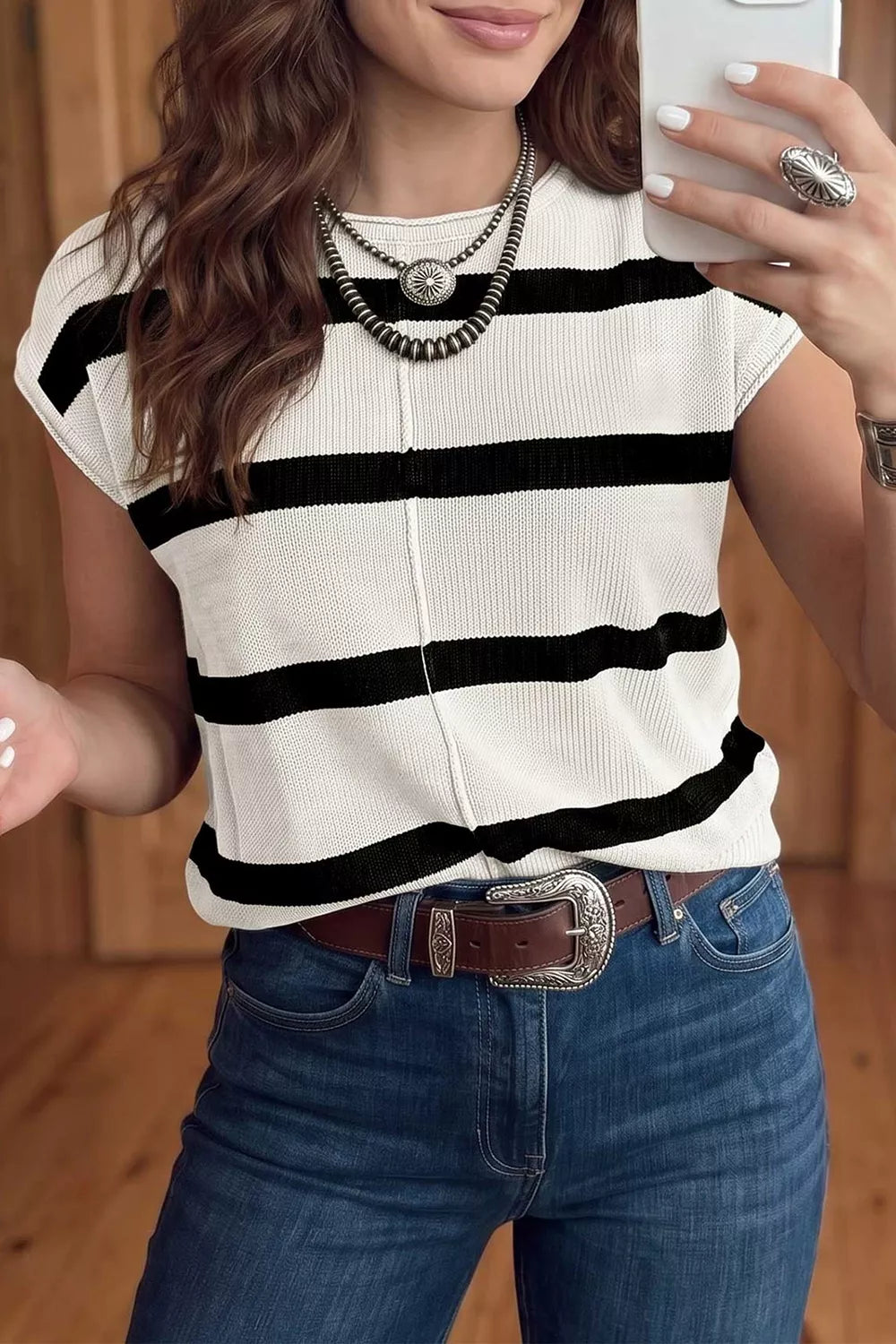 Stripe Knit Western Short Sleeve Sweater