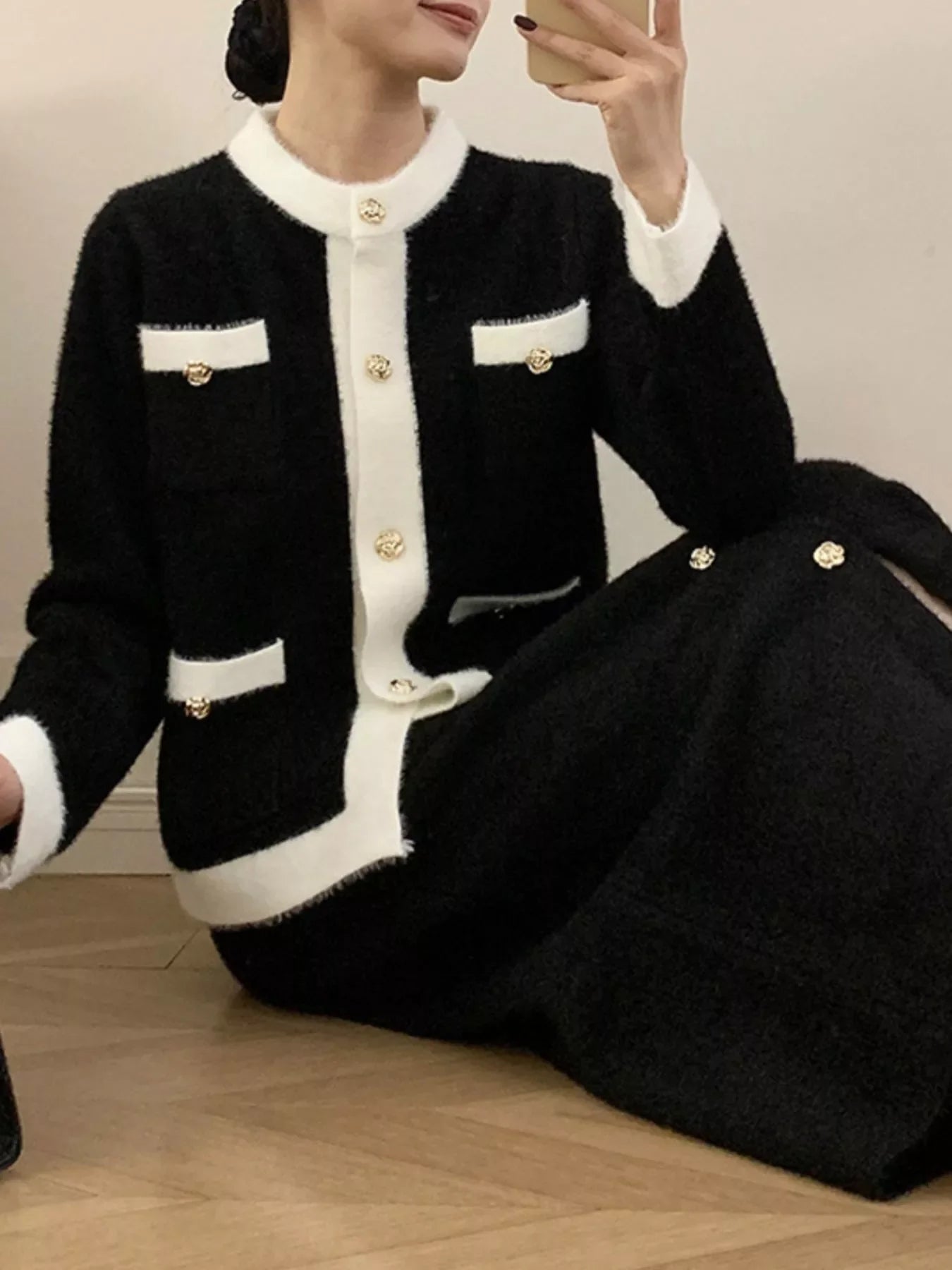 Contrast Trim Jacket and Skirts Sweater Set