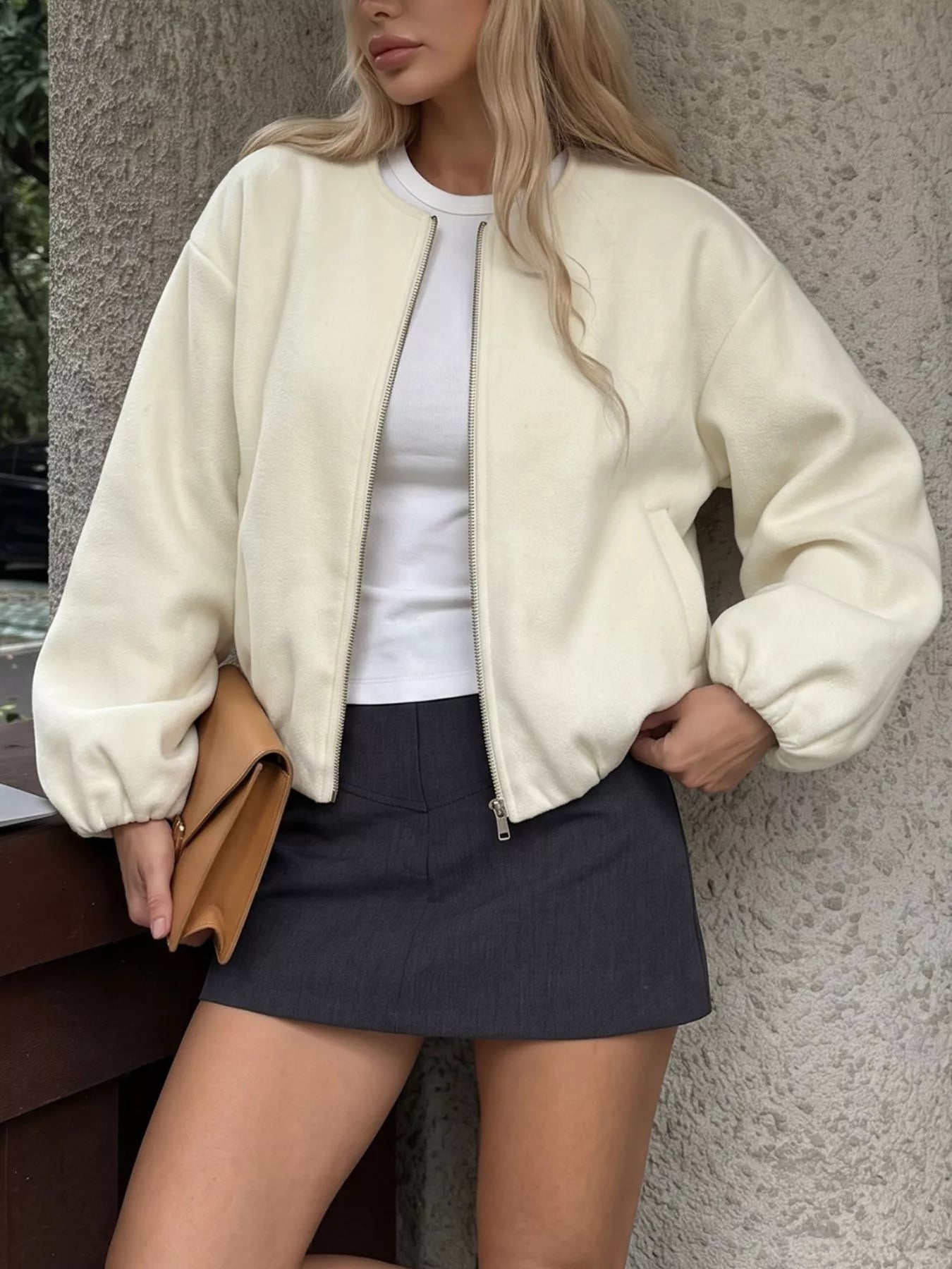 Fleece Bomber Jacket with Zipper Closure