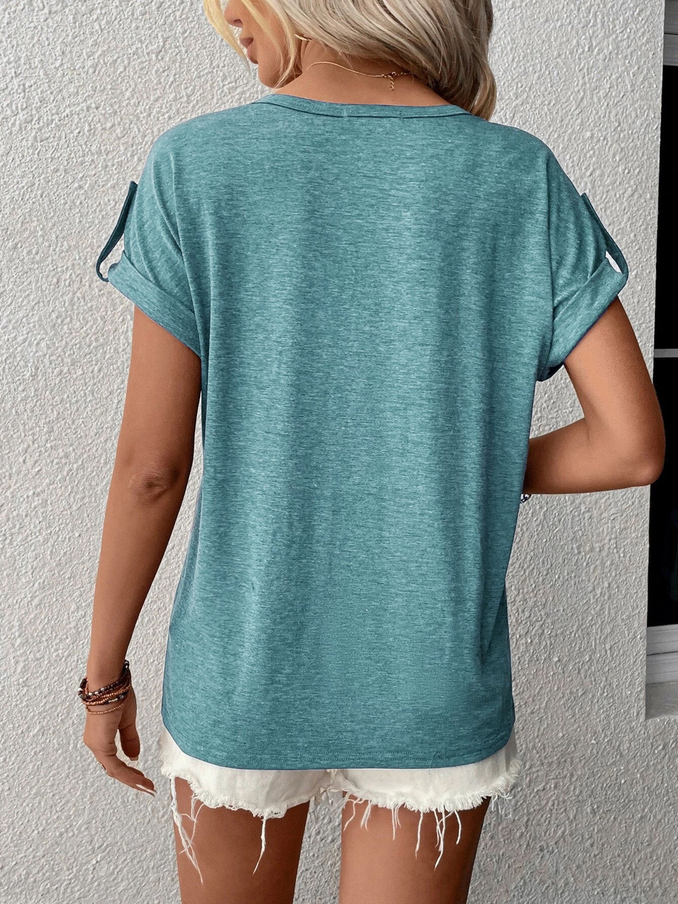 Full Size Casual V-Neck Henley Top with Rolled Sleeves Plus Size