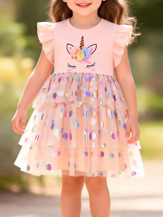 Children's Unicorn Ruffled Sleeve Tulle Dress