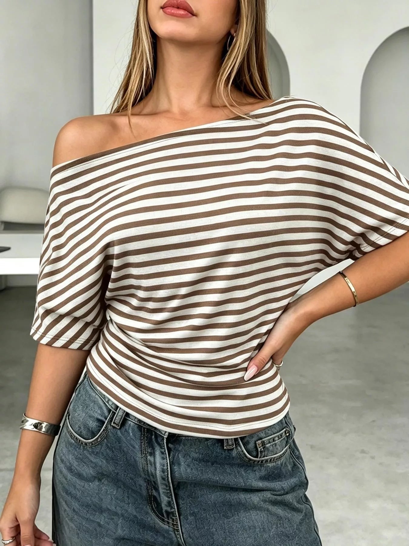 One Shoulder Striped Dolman Sleeve T-Shirt