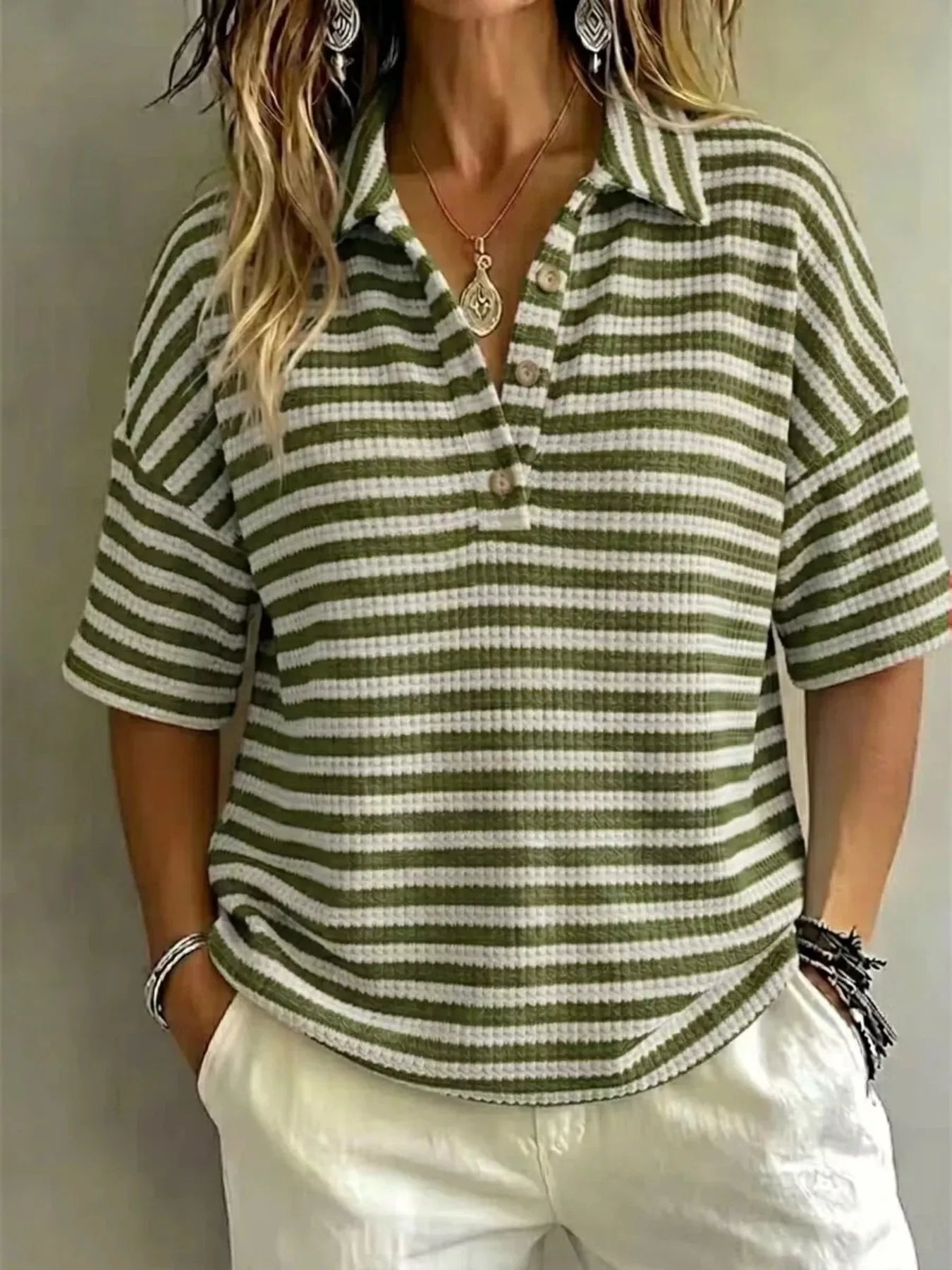 Full Size Contrast Striped Knit Polo Shirt Plus Size