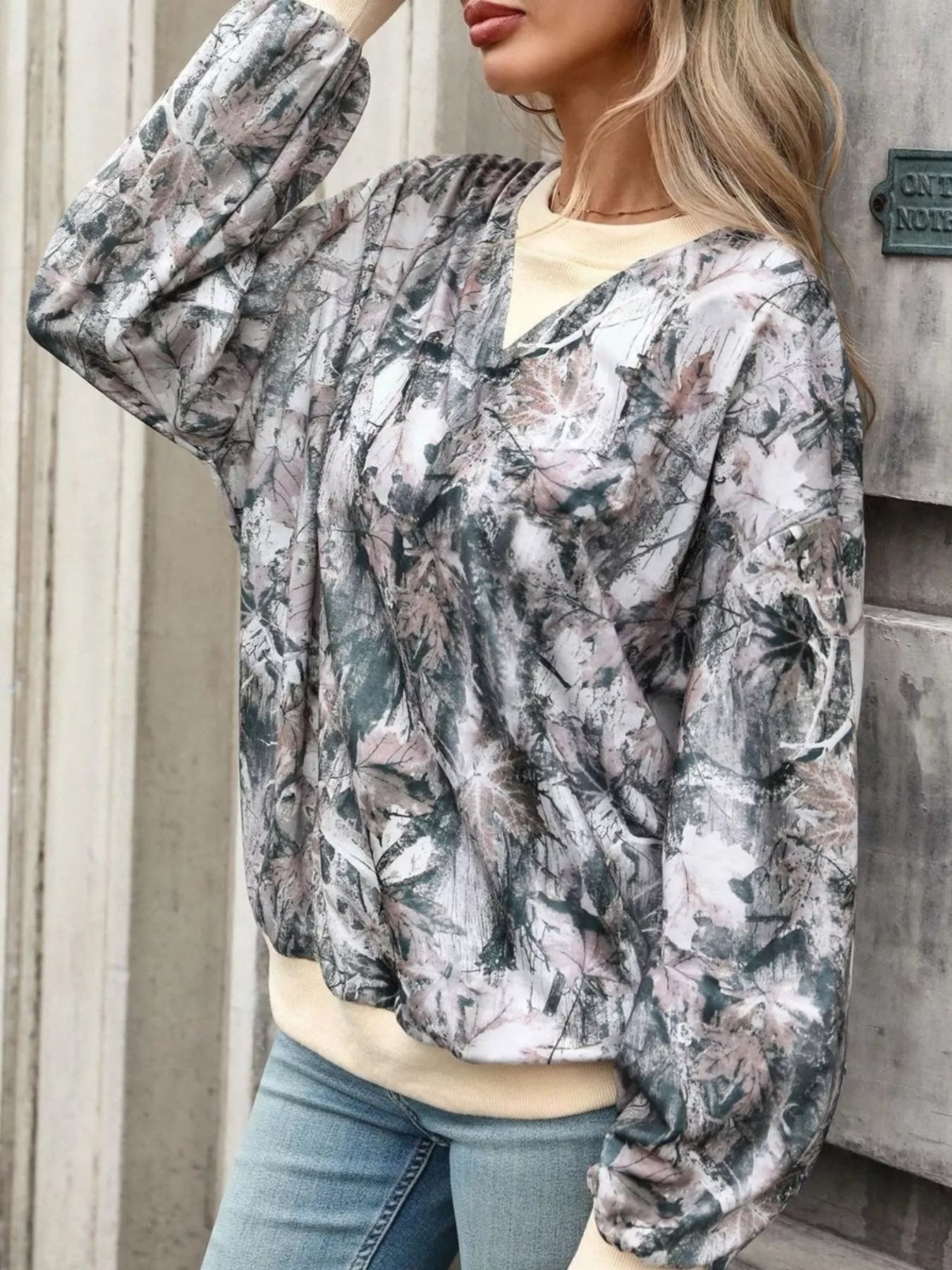 Leaf Print Sweatshirt with Contrasting Trim