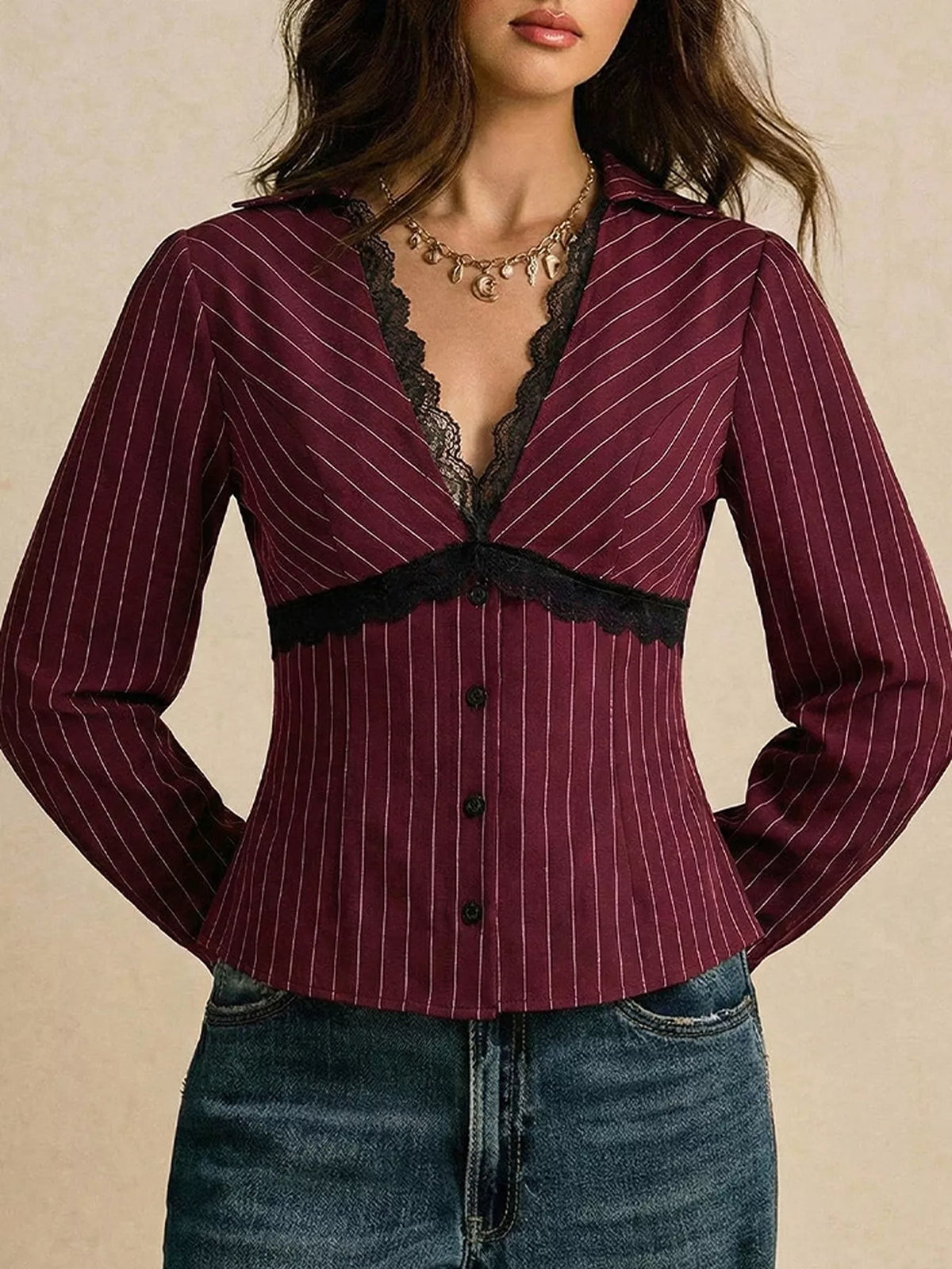 Lace Trim V-Neck Blouse
