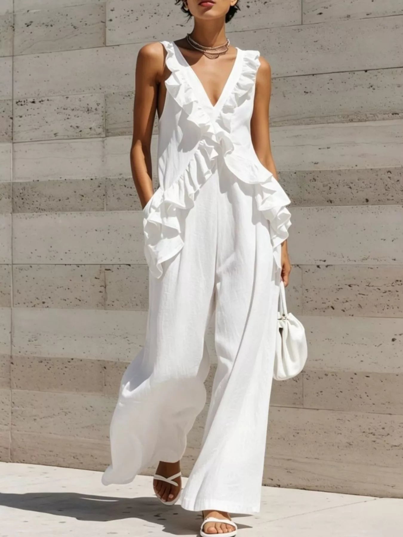 Ruffled V-Neck Sleeveless Jumpsuit