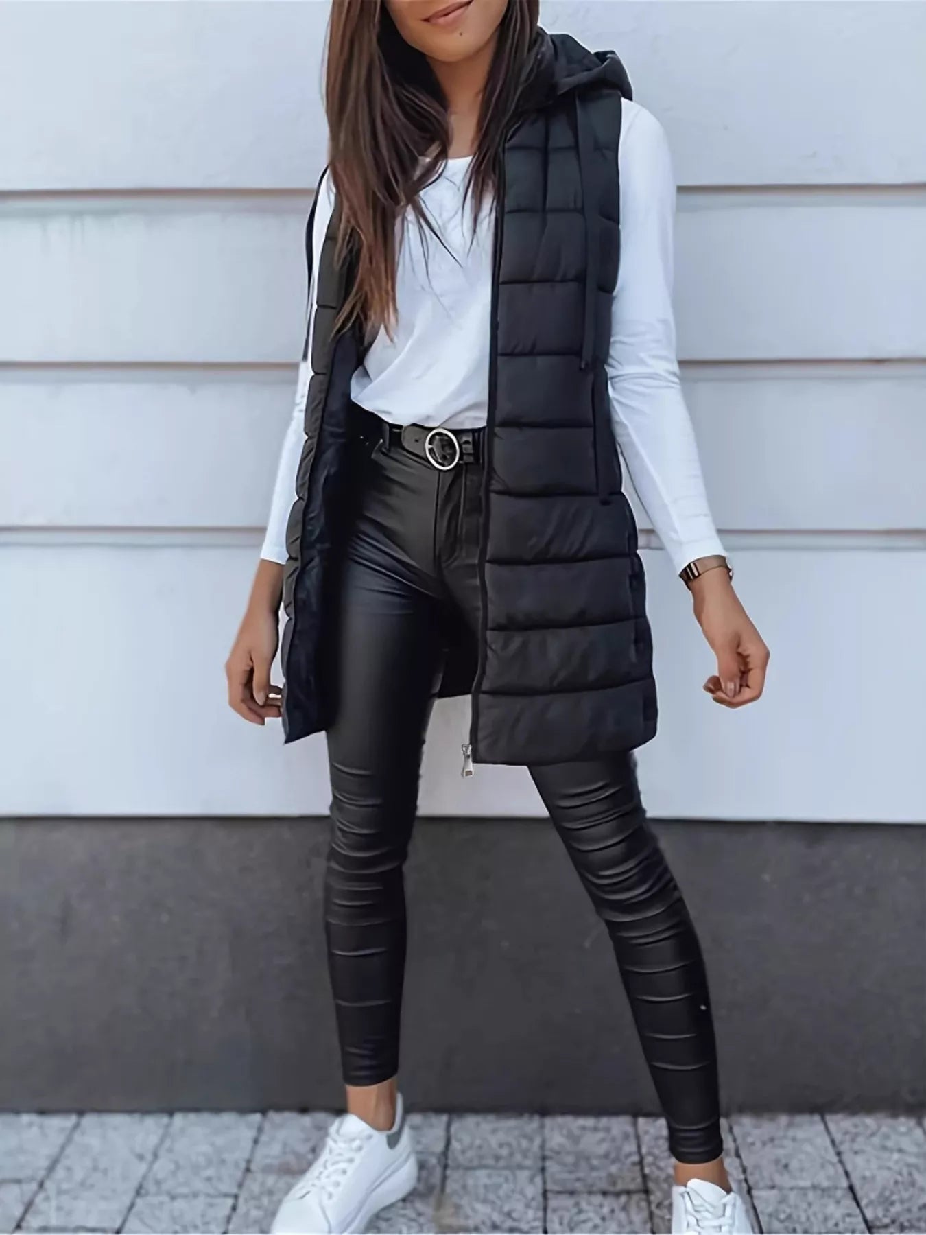 Zip Up Longline Hooded Puffer Vest Coat