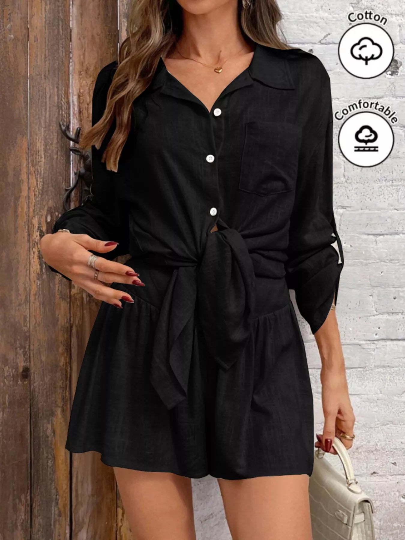 Button Up Roll-Up Sleeve Shirt and Shorts Set