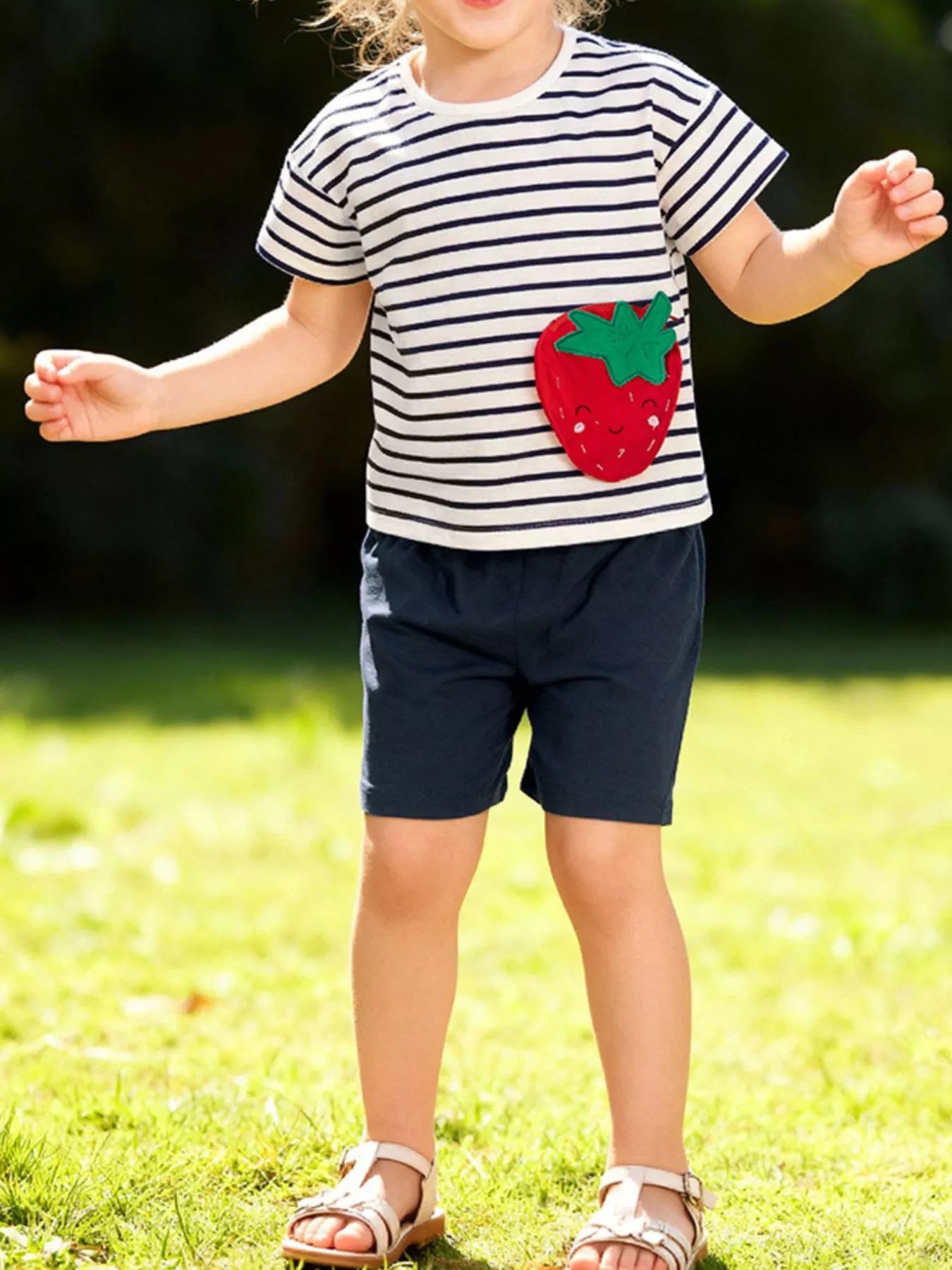 Children's Strawberry Applique Striped T-Shirt & Shorts Set