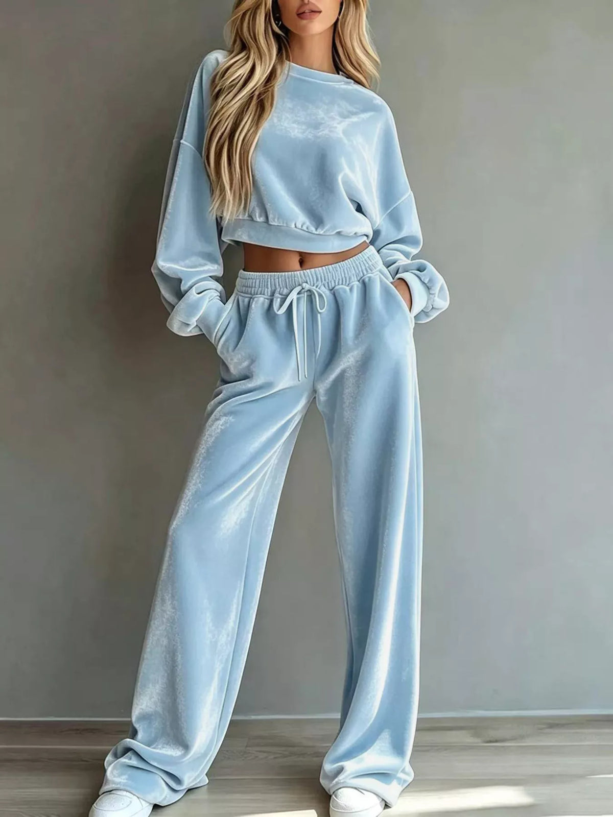 Full Size Cropped Sweatshirt and Wide-Leg Pants Set Plus Size