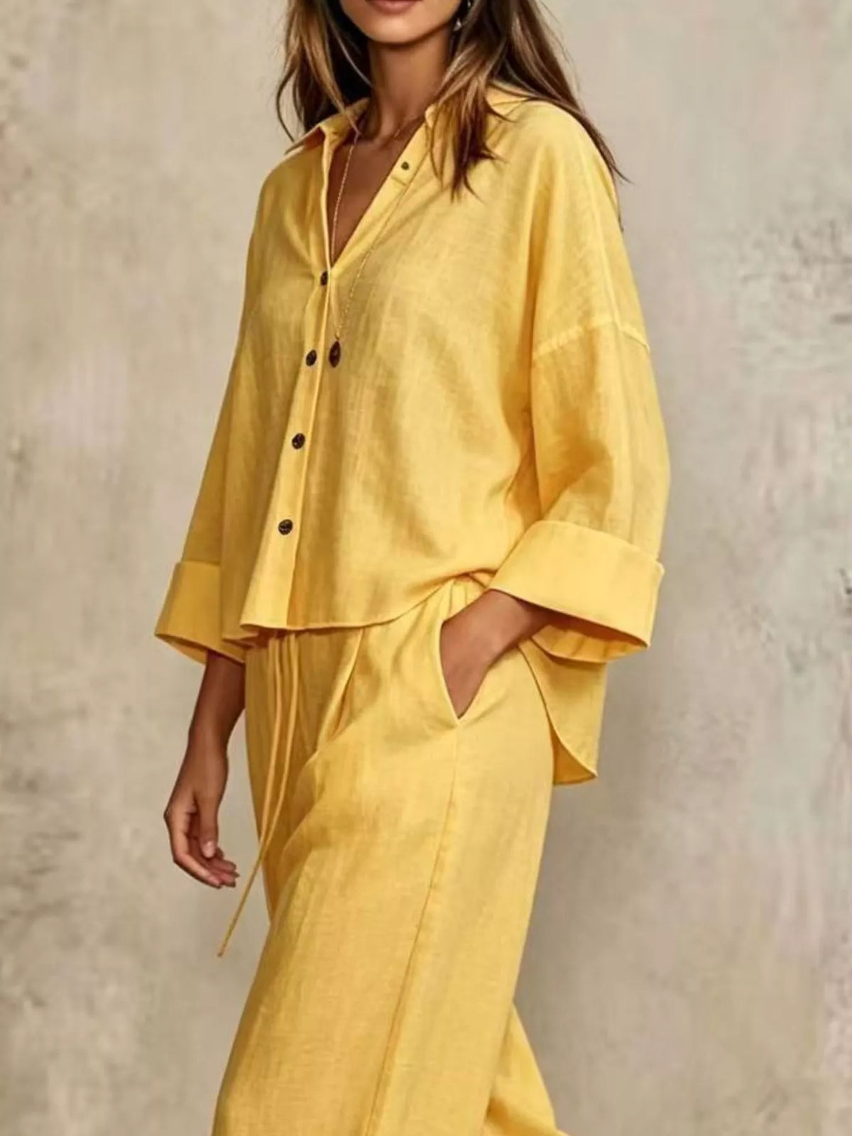 Full Size Button-Down Shirt and Wide-Leg Pants Set Plus Size