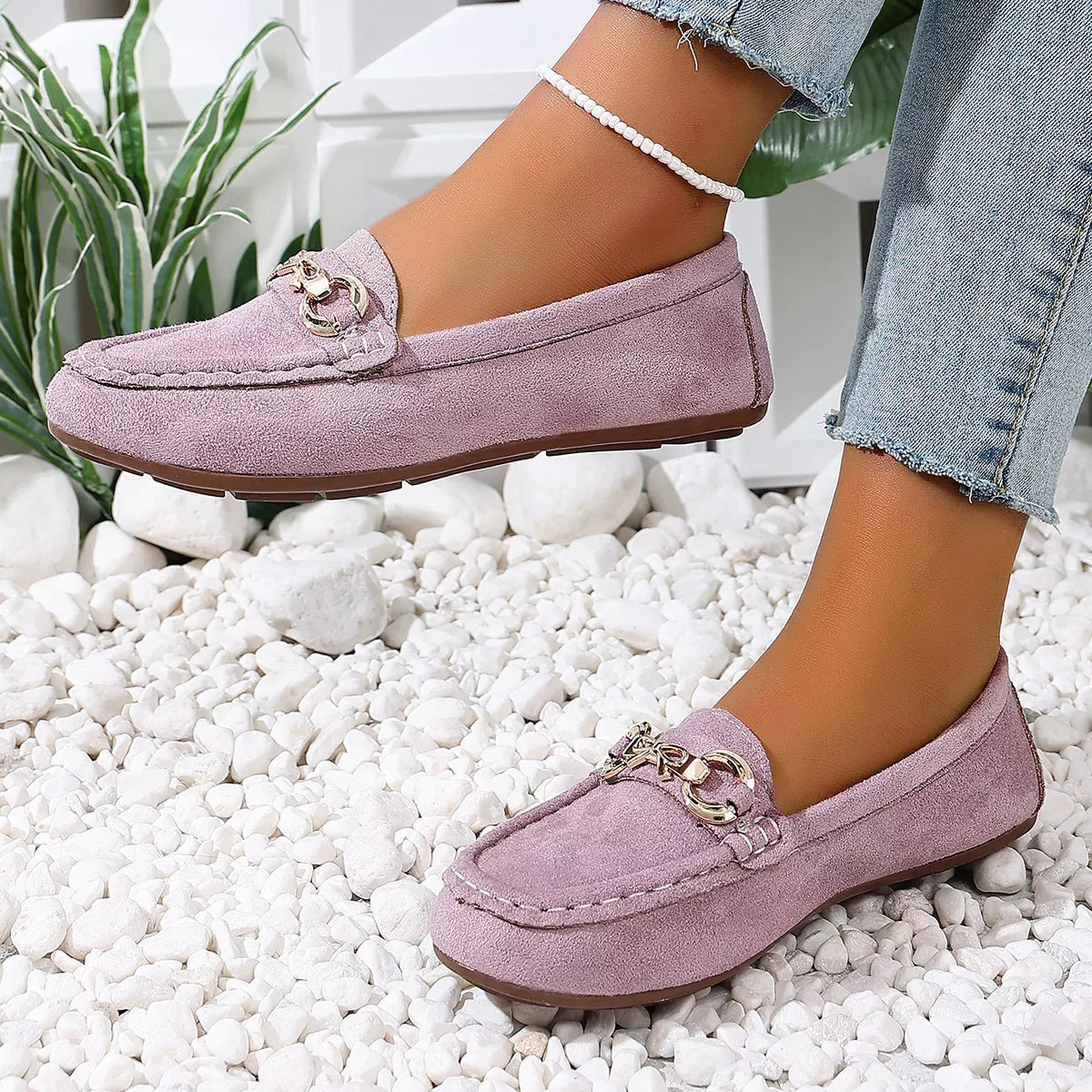 Comfortable Flat Loafers with Decorative Buckle