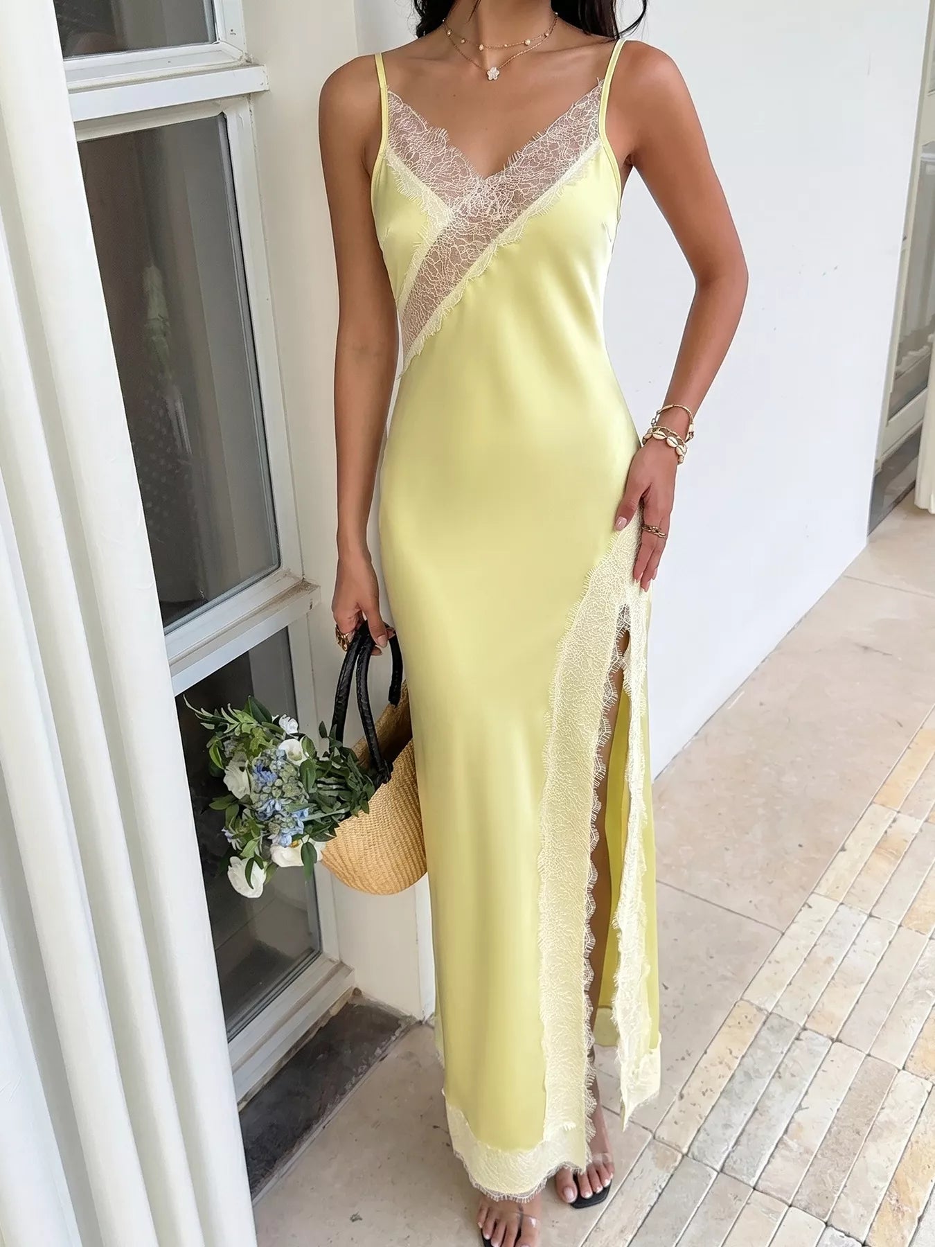 Lace Trimmed Slit Midi Dress